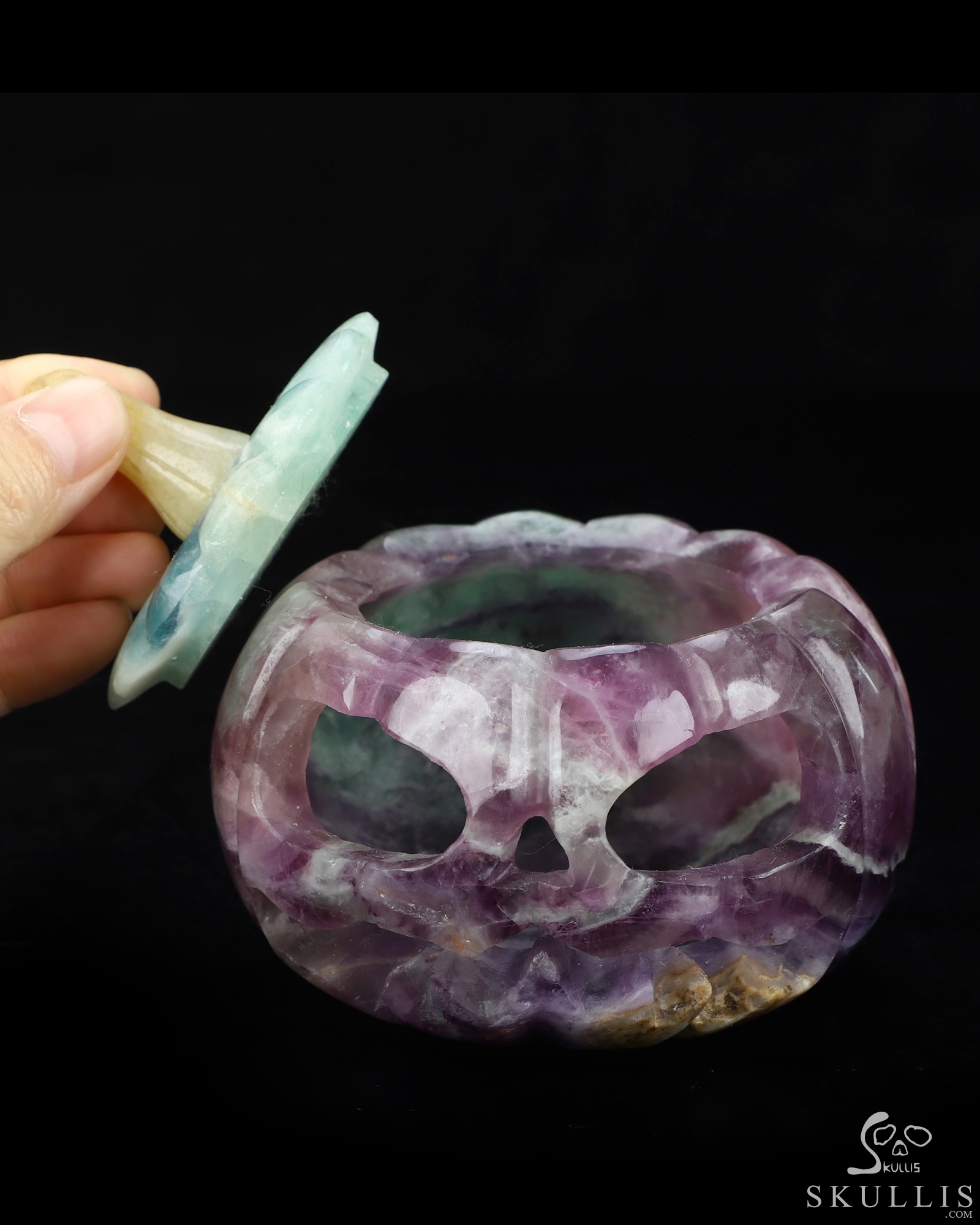 4.1" Fluorite Hand Carved Hollow Jack-O'-Lantern Pumpkin Crystal Skull Sculpture, Crystal Healing 4.1" Fluorite Hand Carved Hollow Jack-O'-Lantern Pumpkin Crystal Skull Sculpture, Crystal Healing
