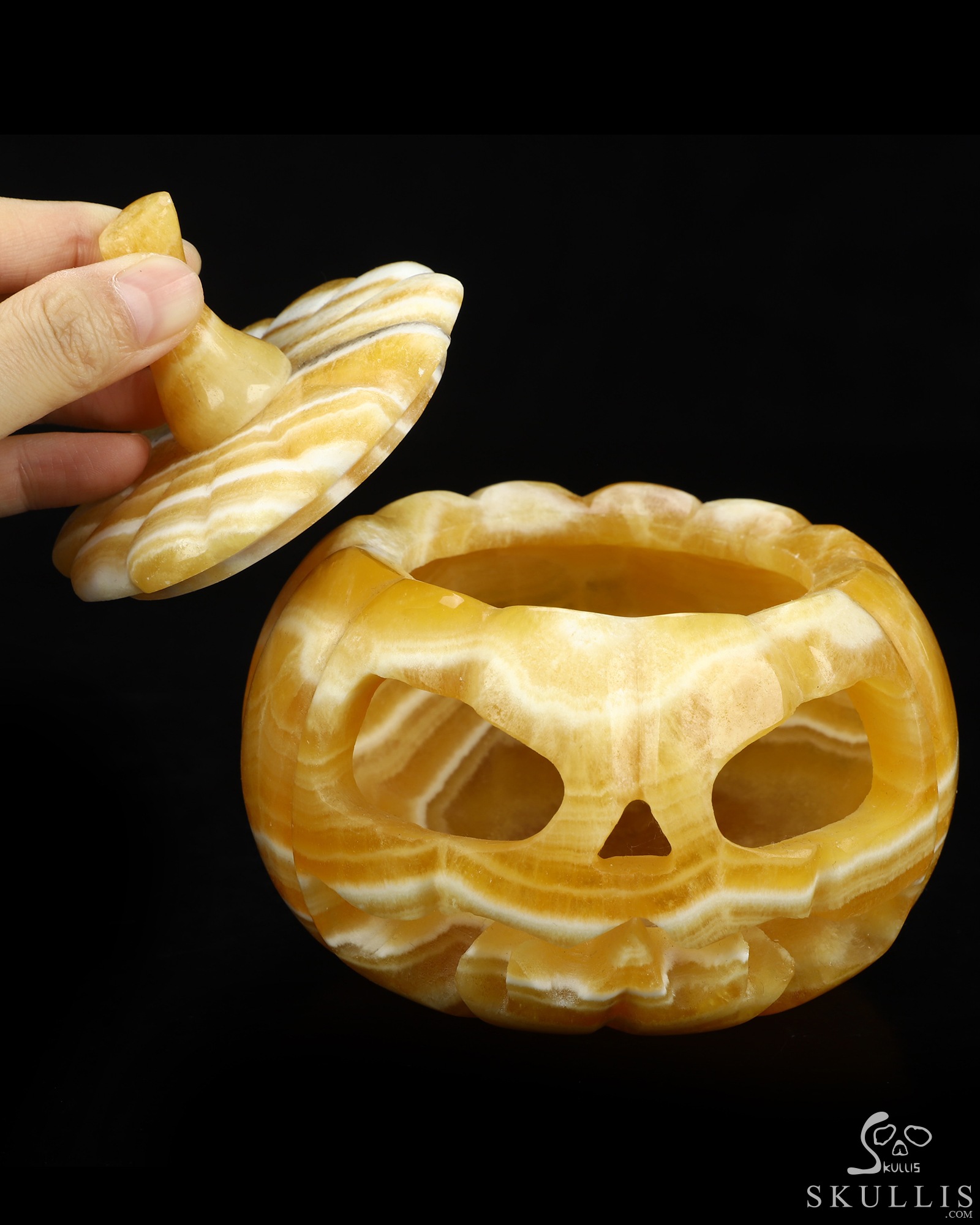 5.0" Beeswax Jade Hand Carved Hollow Jack-O'-Lantern Pumpkin Crystal Skull Sculpture, Crystal Healing 5.0" Beeswax Jade Hand Carved Hollow Jack-O'-Lantern Pumpkin Crystal Skull Sculpture, Crystal Healing