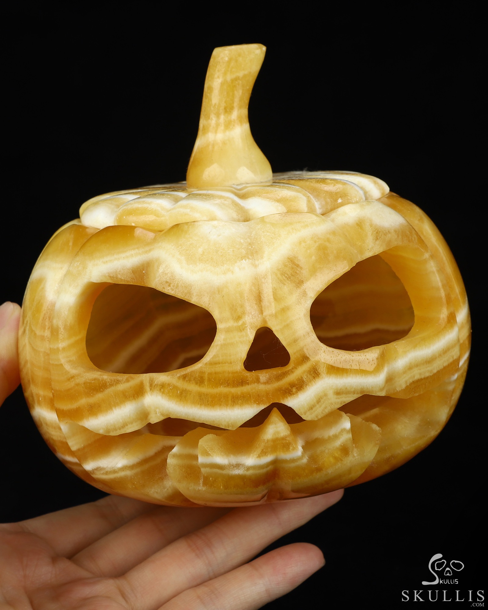 5.0" Beeswax Jade Hand Carved Hollow Jack-O'-Lantern Pumpkin Crystal Skull Sculpture, Crystal Healing 5.0" Beeswax Jade Hand Carved Hollow Jack-O'-Lantern Pumpkin Crystal Skull Sculpture, Crystal Healing