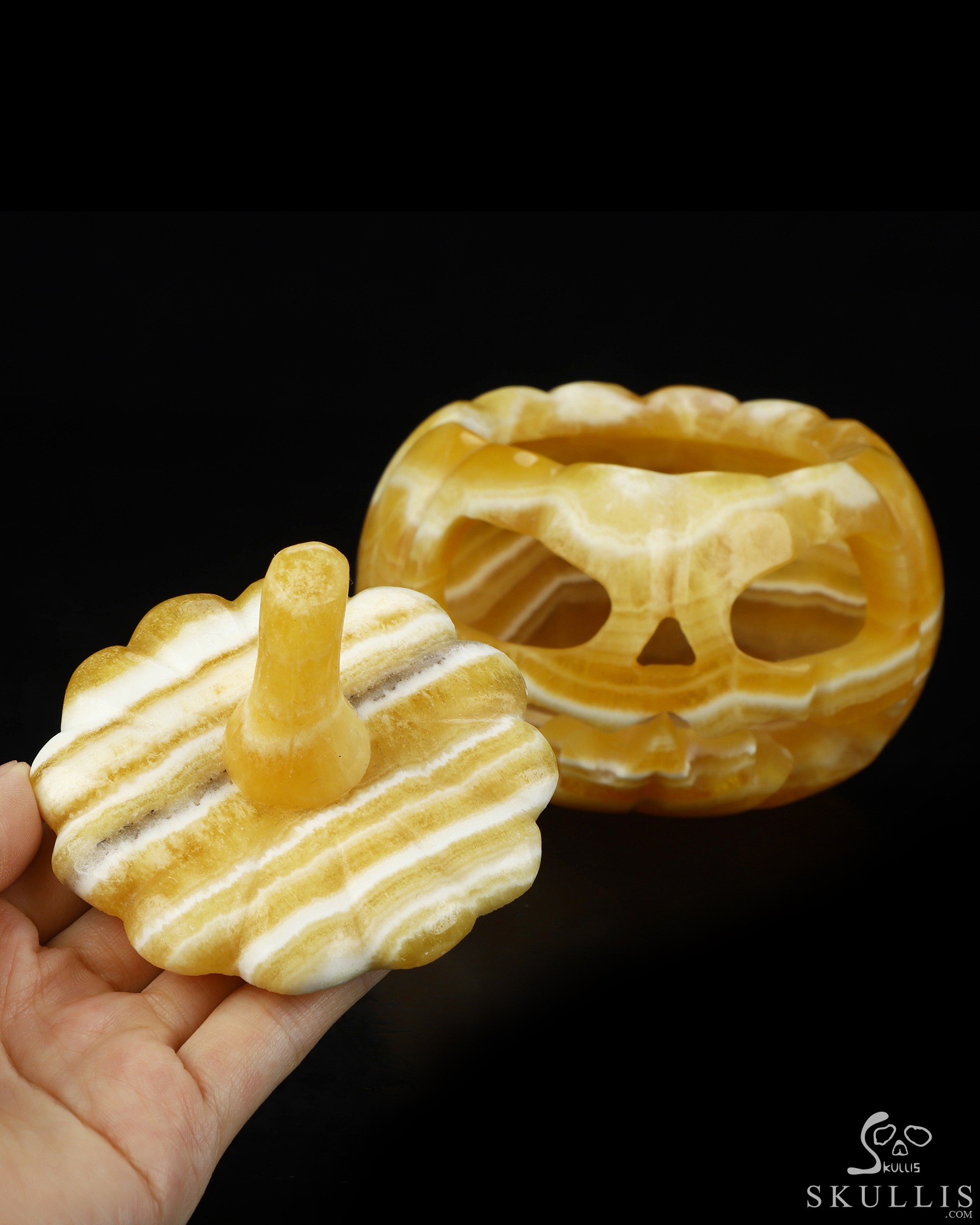 5.0" Beeswax Jade Hand Carved Hollow Jack-O'-Lantern Pumpkin Crystal Skull Sculpture, Crystal Healing 5.0" Beeswax Jade Hand Carved Hollow Jack-O'-Lantern Pumpkin Crystal Skull Sculpture, Crystal Healing