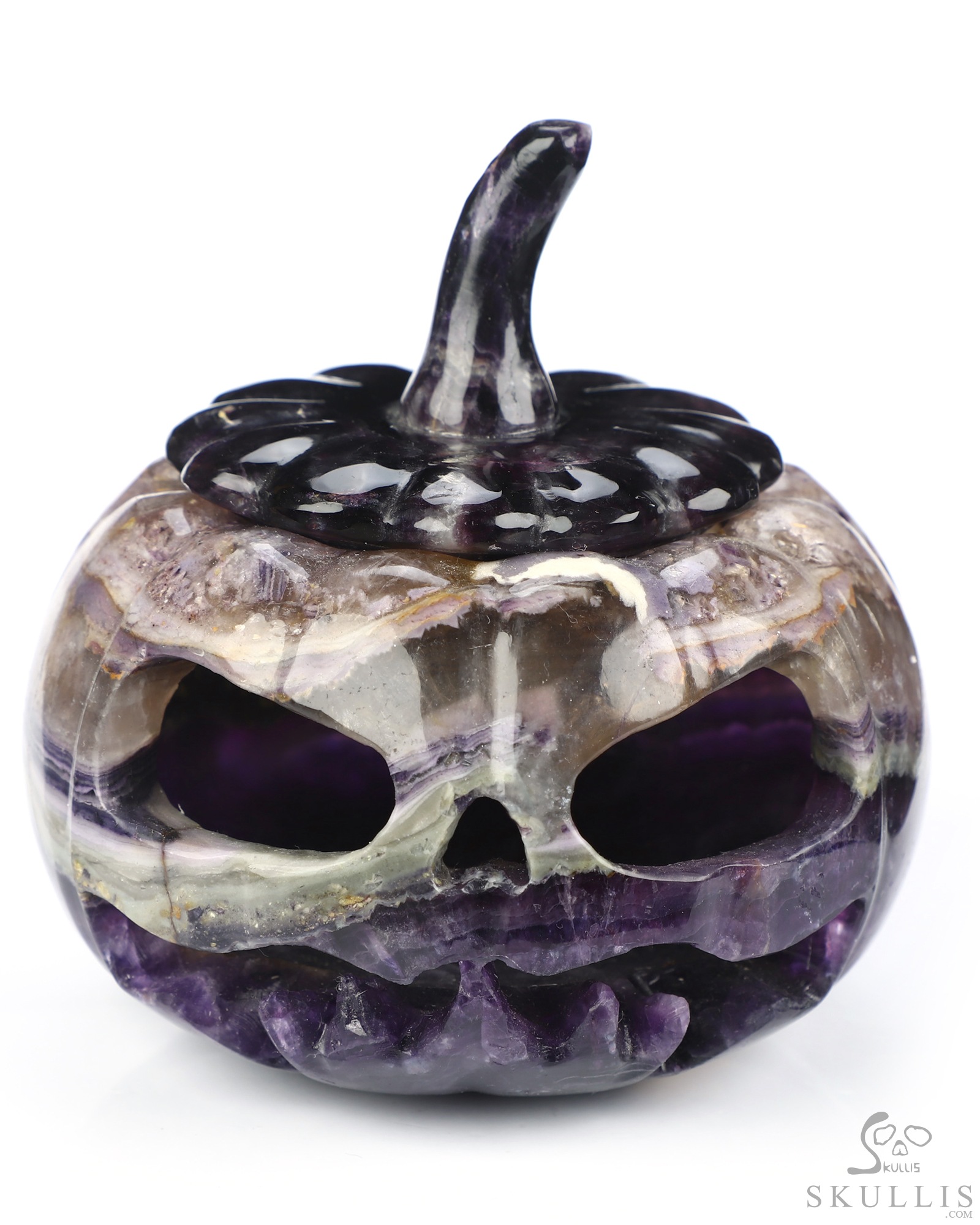 4.1" Fluorite Hand Carved Hollow Jack-O'-Lantern Pumpkin Crystal Skull Sculpture, Crystal Healing 4.1" Fluorite Hand Carved Hollow Jack-O'-Lantern Pumpkin Crystal Skull Sculpture, Crystal Healing