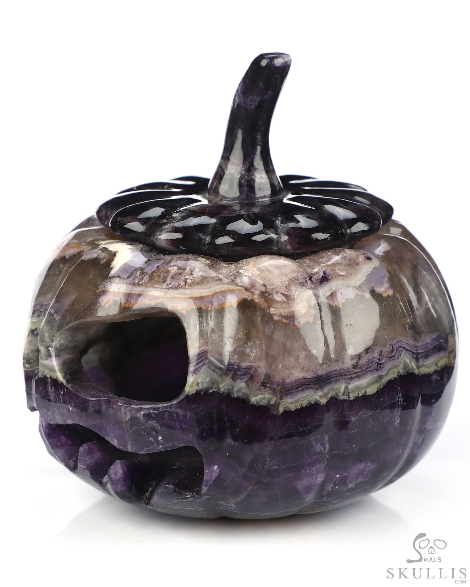 4.1" Fluorite Hand Carved Hollow Jack-O'-Lantern Pumpkin Crystal Skull Sculpture, Crystal Healing 4.1" Fluorite Hand Carved Hollow Jack-O'-Lantern Pumpkin Crystal Skull Sculpture, Crystal Healing