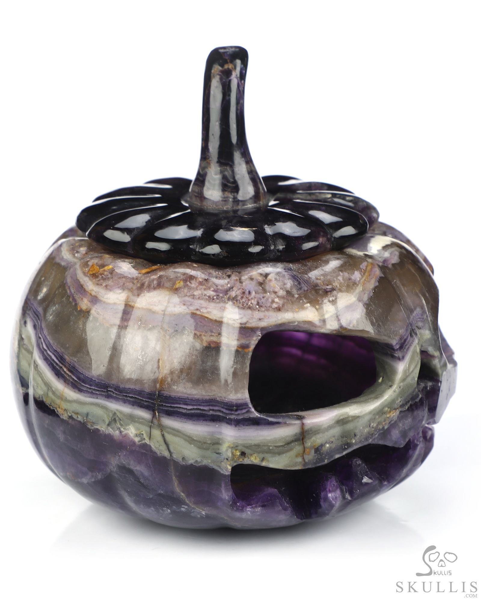 4.1" Fluorite Hand Carved Hollow Jack-O'-Lantern Pumpkin Crystal Skull Sculpture, Crystal Healing 4.1" Fluorite Hand Carved Hollow Jack-O'-Lantern Pumpkin Crystal Skull Sculpture, Crystal Healing