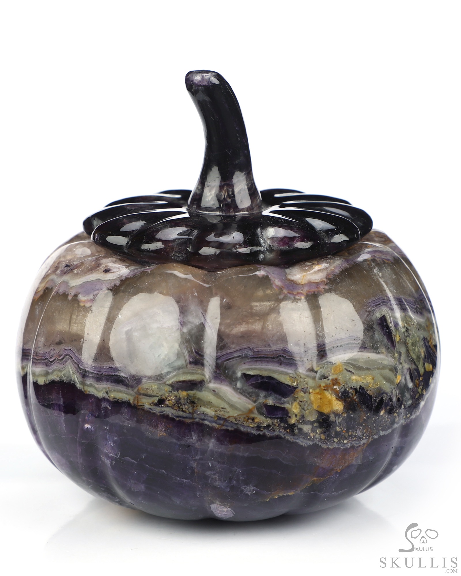 4.1" Fluorite Hand Carved Hollow Jack-O'-Lantern Pumpkin Crystal Skull Sculpture, Crystal Healing 4.1" Fluorite Hand Carved Hollow Jack-O'-Lantern Pumpkin Crystal Skull Sculpture, Crystal Healing