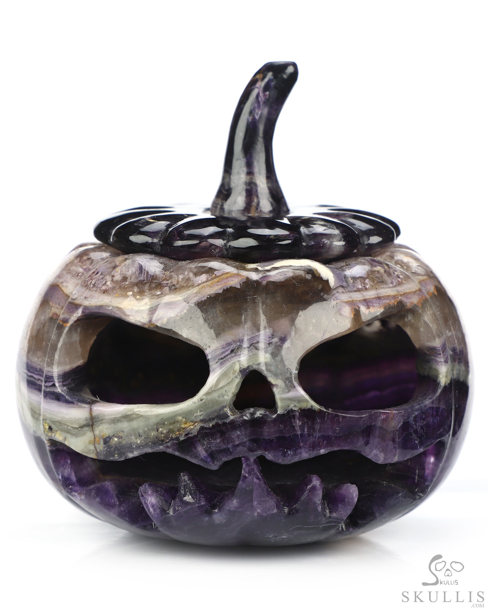 4.1" Fluorite Hand Carved Hollow Jack-O'-Lantern Pumpkin Crystal Skull Sculpture, Crystal Healing 4.1" Fluorite Hand Carved Hollow Jack-O'-Lantern Pumpkin Crystal Skull Sculpture, Crystal Healing