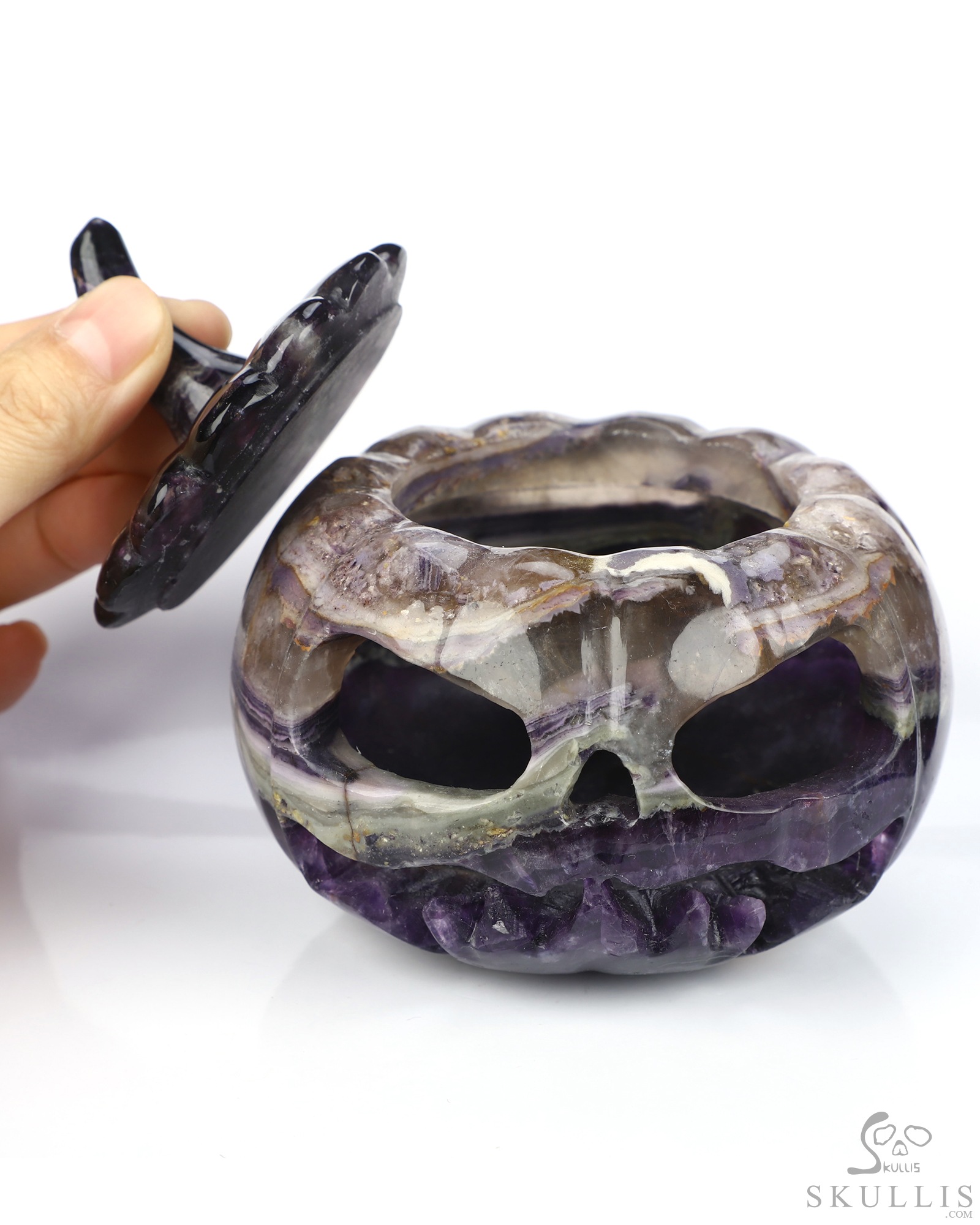 4.1" Fluorite Hand Carved Hollow Jack-O'-Lantern Pumpkin Crystal Skull Sculpture, Crystal Healing 4.1" Fluorite Hand Carved Hollow Jack-O'-Lantern Pumpkin Crystal Skull Sculpture, Crystal Healing