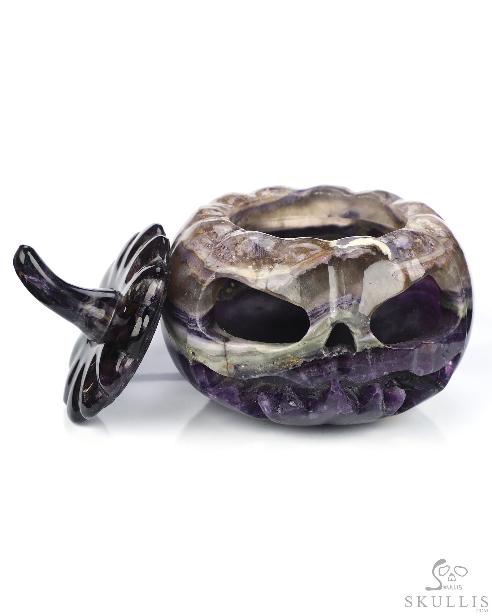 4.1" Fluorite Hand Carved Hollow Jack-O'-Lantern Pumpkin Crystal Skull Sculpture, Crystal Healing 4.1" Fluorite Hand Carved Hollow Jack-O'-Lantern Pumpkin Crystal Skull Sculpture, Crystal Healing