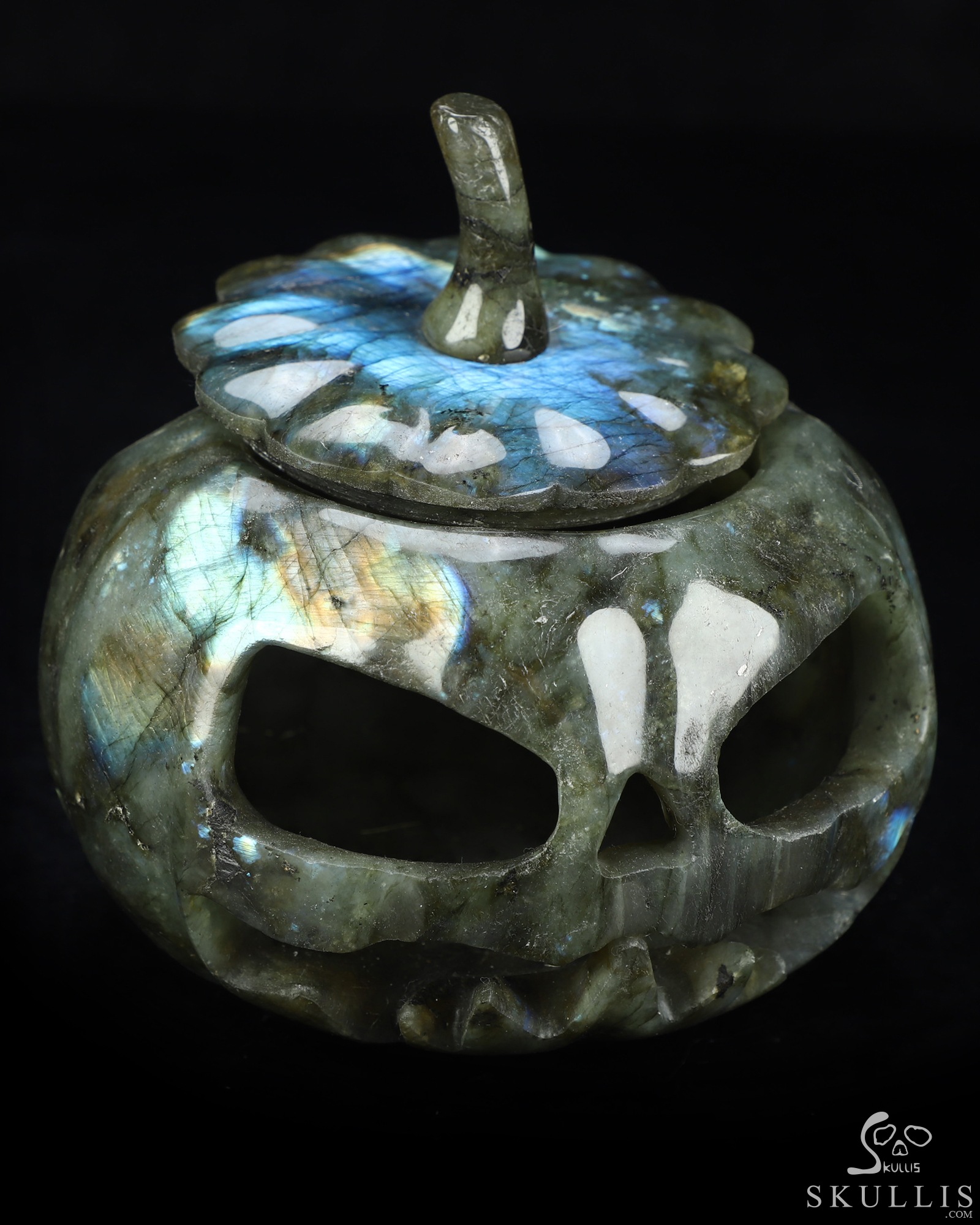 5.0" Labradorite Hand Carved Hollow Jack-O'-Lantern Pumpkin Crystal Skull Sculpture, Crystal Healing 5.0" Labradorite Hand Carved Hollow Jack-O'-Lantern Pumpkin Crystal Skull Sculpture, Crystal Healing