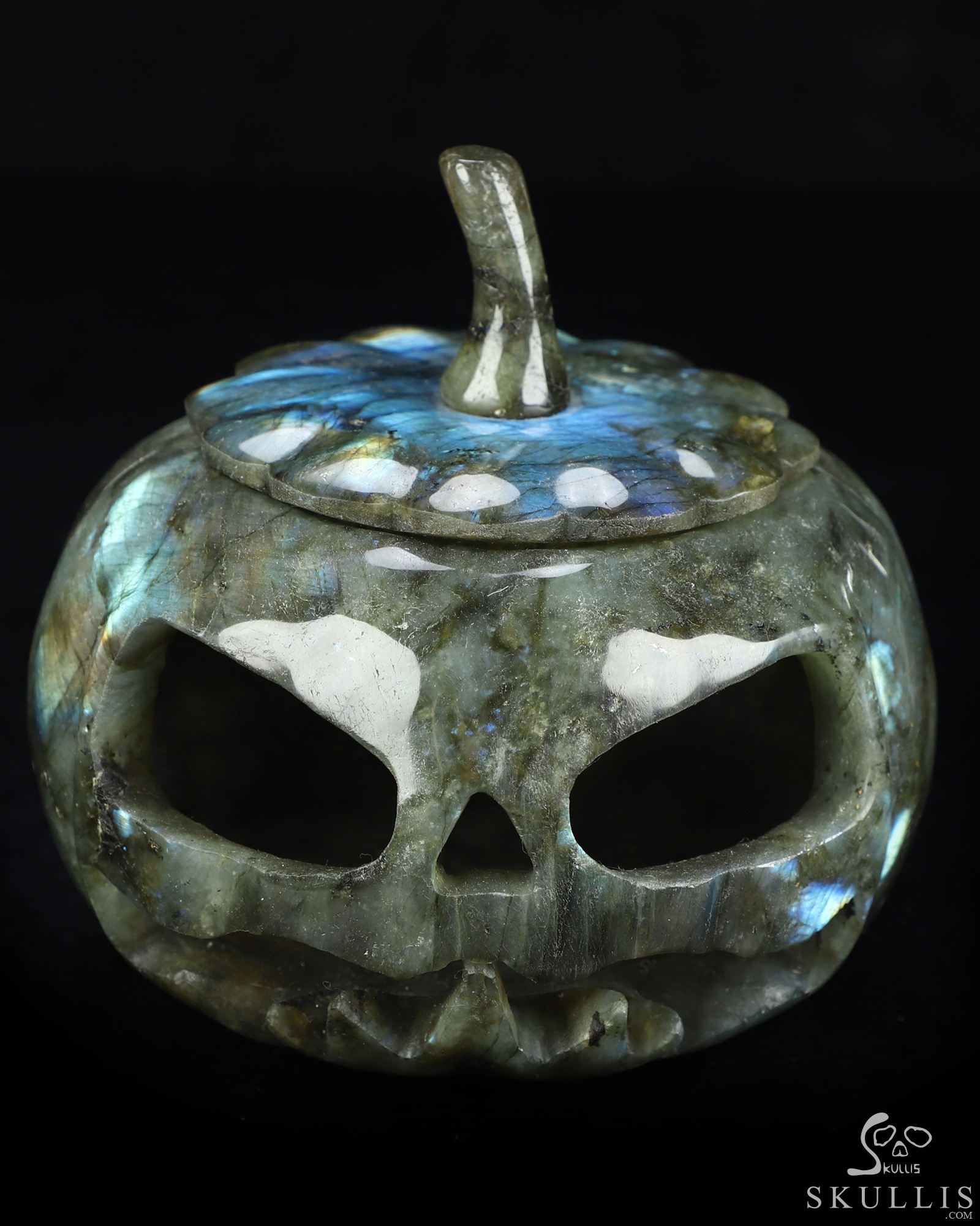 5.0" Labradorite Hand Carved Hollow Jack-O'-Lantern Pumpkin Crystal Skull Sculpture, Crystal Healing 5.0" Labradorite Hand Carved Hollow Jack-O'-Lantern Pumpkin Crystal Skull Sculpture, Crystal Healing