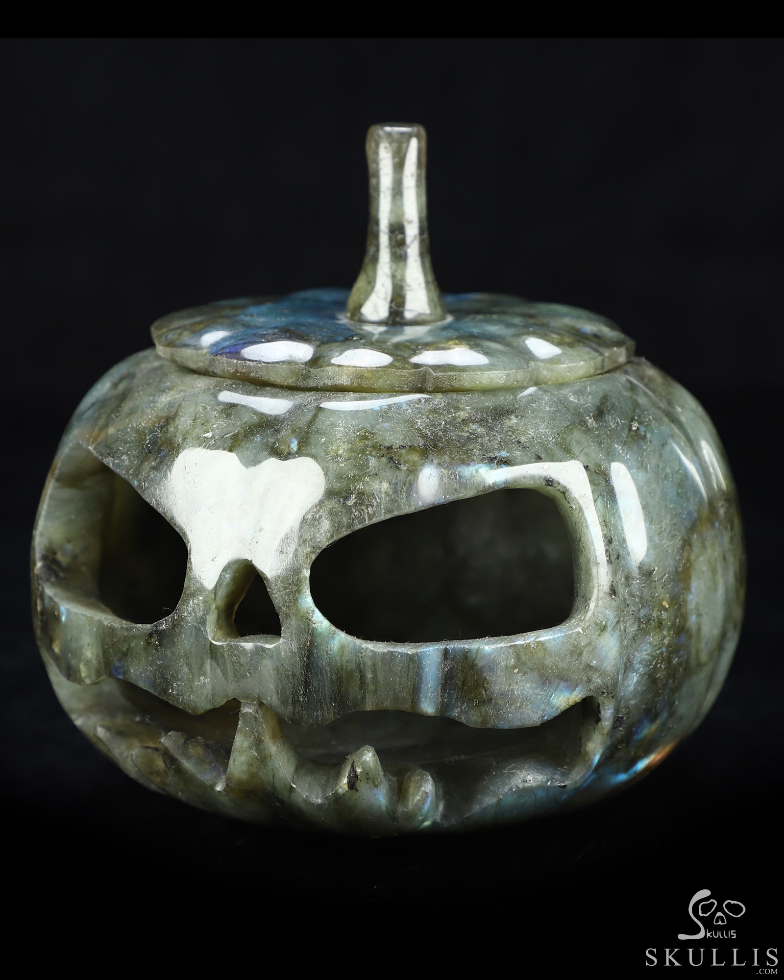 5.0" Labradorite Hand Carved Hollow Jack-O'-Lantern Pumpkin Crystal Skull Sculpture, Crystal Healing 5.0" Labradorite Hand Carved Hollow Jack-O'-Lantern Pumpkin Crystal Skull Sculpture, Crystal Healing