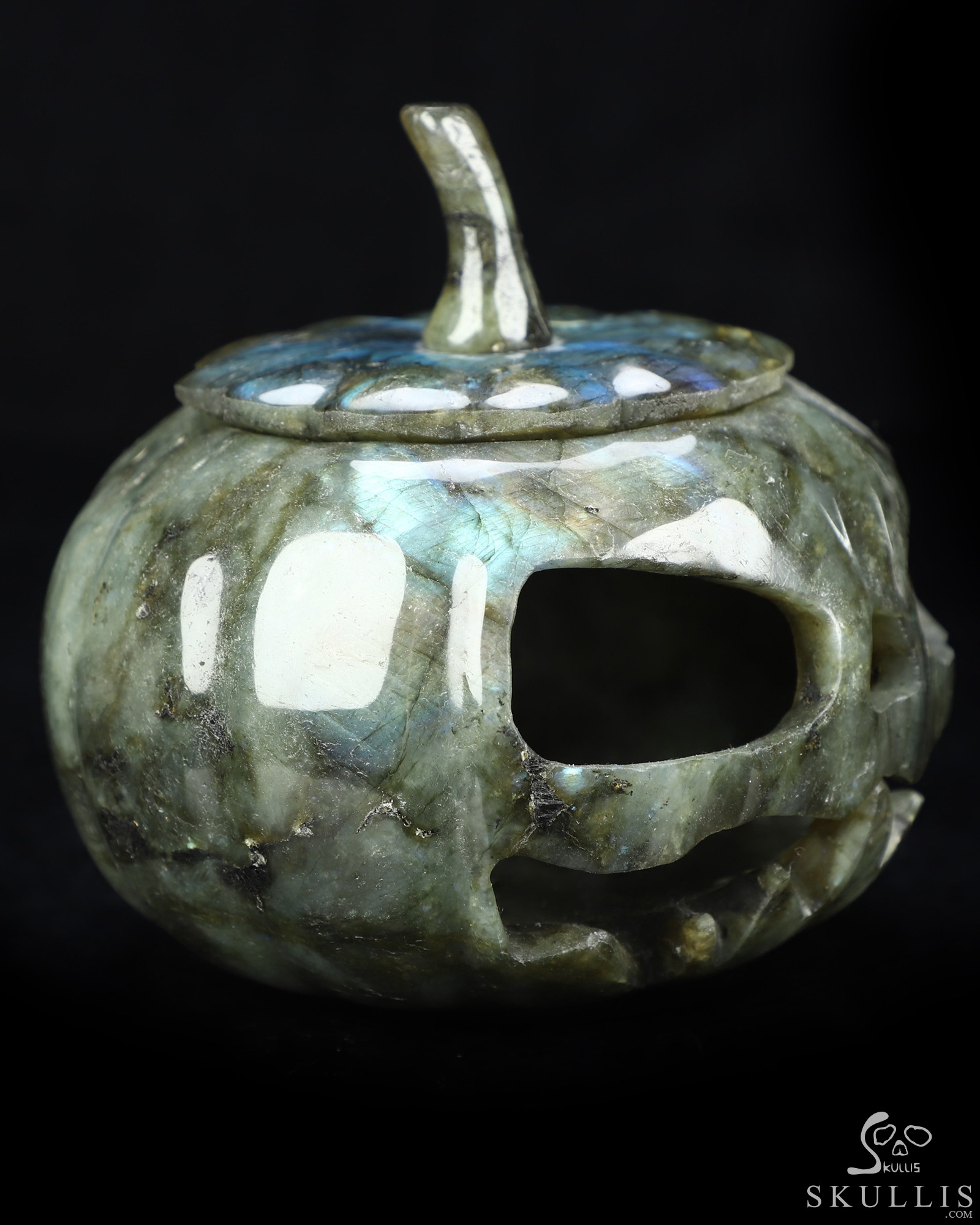 5.0" Labradorite Hand Carved Hollow Jack-O'-Lantern Pumpkin Crystal Skull Sculpture, Crystal Healing 5.0" Labradorite Hand Carved Hollow Jack-O'-Lantern Pumpkin Crystal Skull Sculpture, Crystal Healing