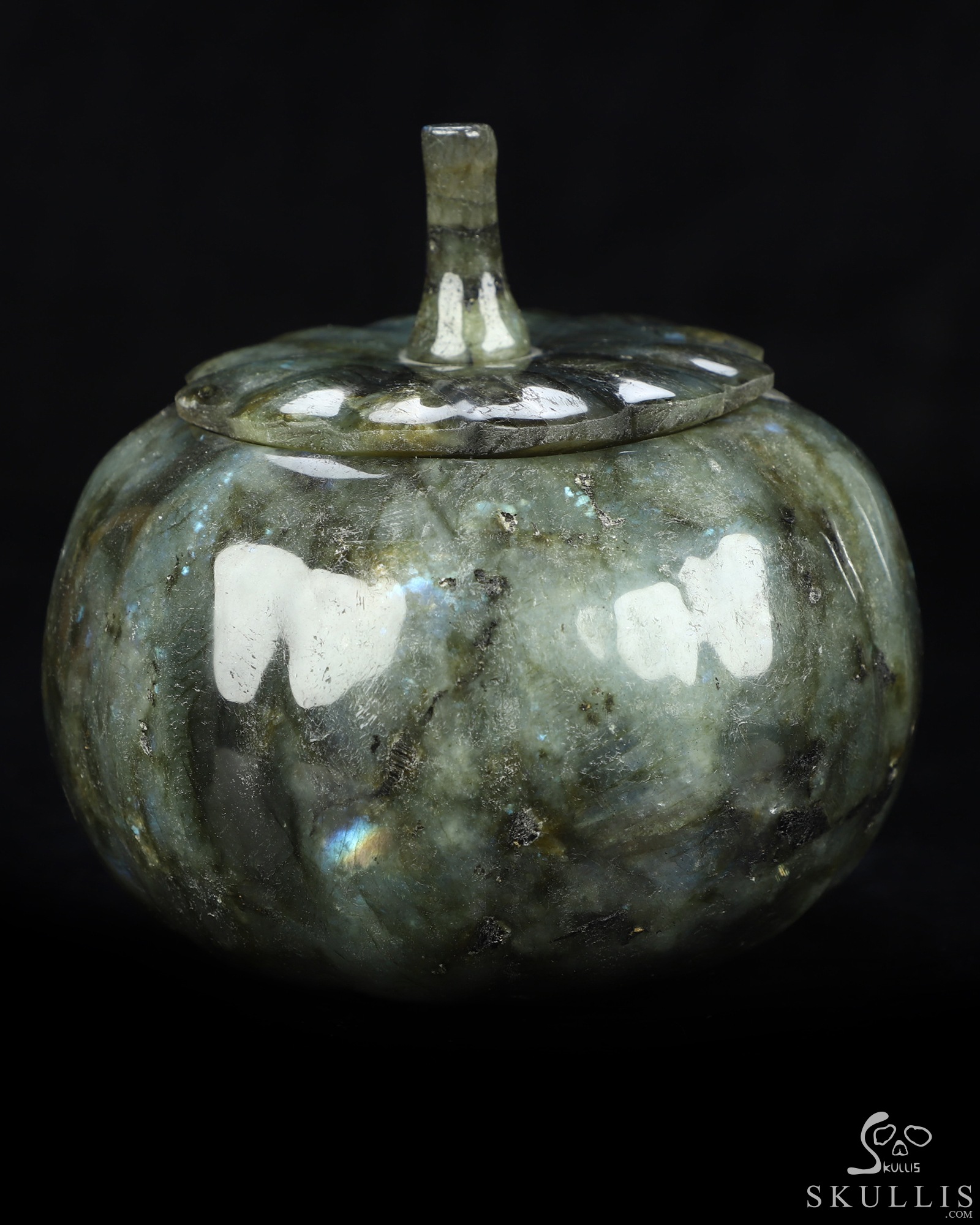 5.0" Labradorite Hand Carved Hollow Jack-O'-Lantern Pumpkin Crystal Skull Sculpture, Crystal Healing 5.0" Labradorite Hand Carved Hollow Jack-O'-Lantern Pumpkin Crystal Skull Sculpture, Crystal Healing
