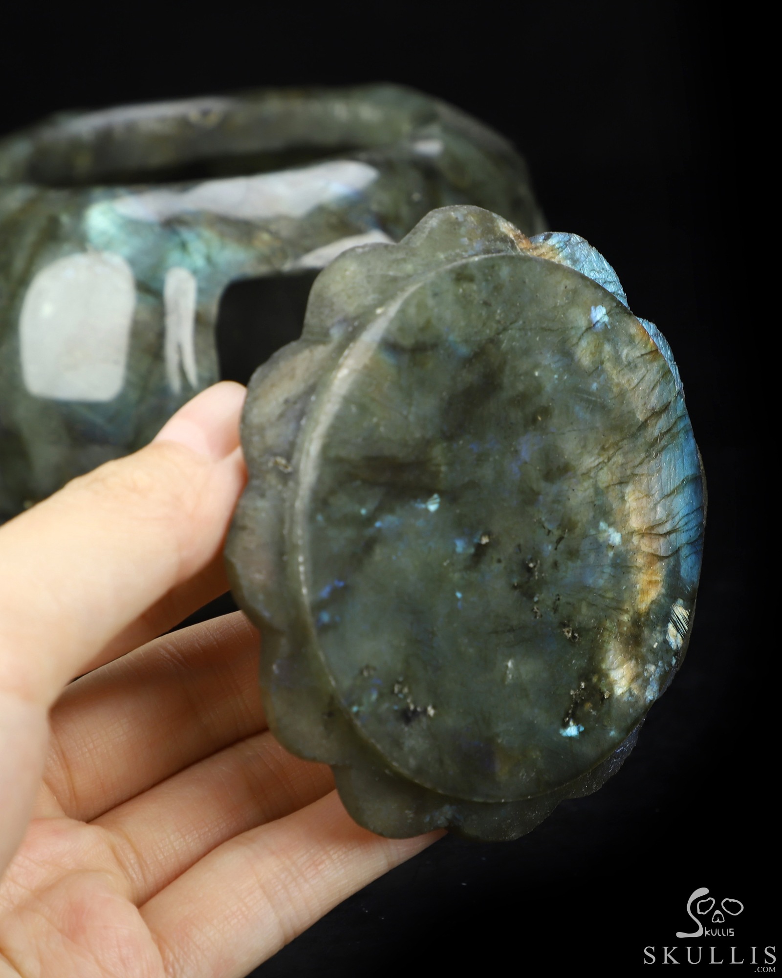 5.0" Labradorite Hand Carved Hollow Jack-O'-Lantern Pumpkin Crystal Skull Sculpture, Crystal Healing 5.0" Labradorite Hand Carved Hollow Jack-O'-Lantern Pumpkin Crystal Skull Sculpture, Crystal Healing