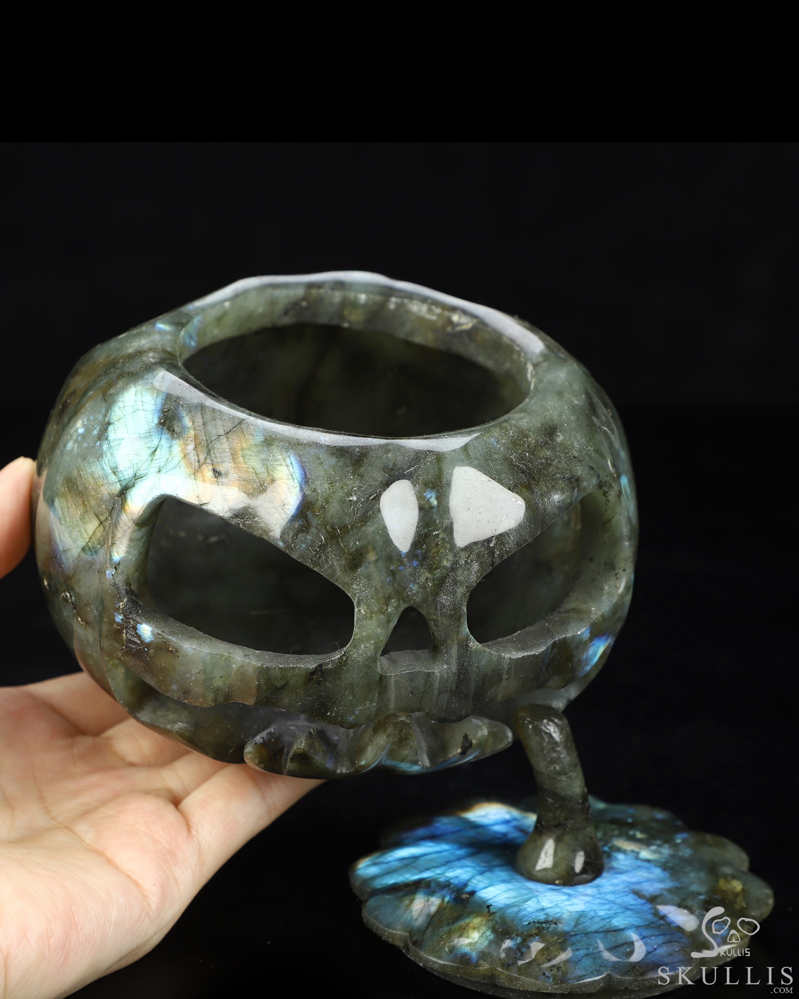 5.0" Labradorite Hand Carved Hollow Jack-O'-Lantern Pumpkin Crystal Skull Sculpture, Crystal Healing 5.0" Labradorite Hand Carved Hollow Jack-O'-Lantern Pumpkin Crystal Skull Sculpture, Crystal Healing