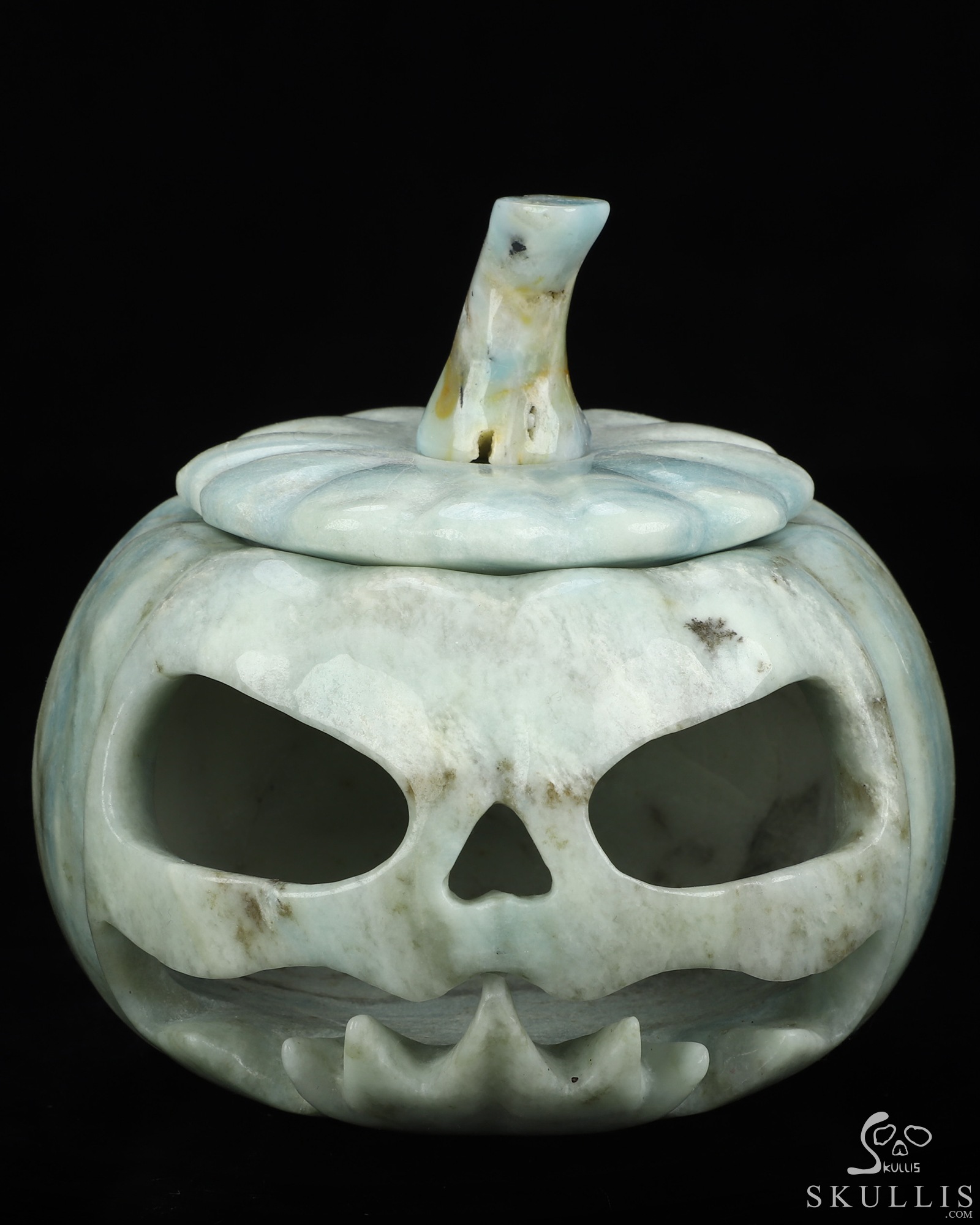 5.0" New Royal Dumortierite Hand Carved Hollow Jack-O'-Lantern Pumpkin Crystal Skull Sculpture, Crystal Healing 5.0" New Royal Dumortierite Hand Carved Hollow Jack-O'-Lantern Pumpkin Crystal Skull Sculpture, Crystal Healing