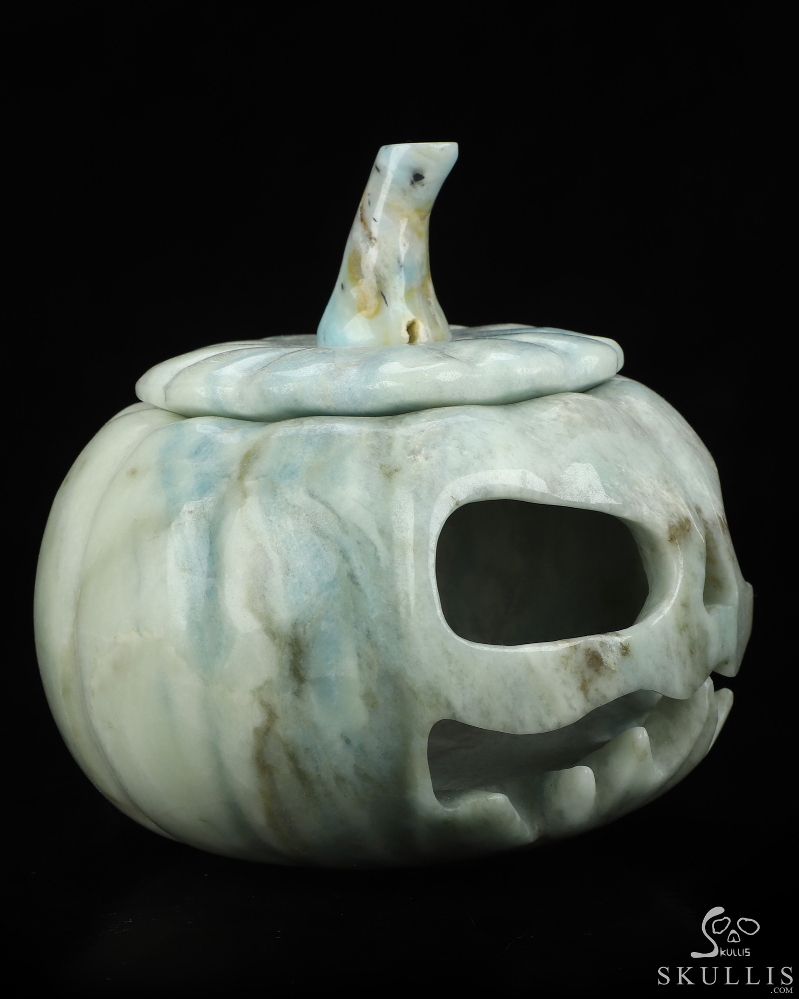 5.0" New Royal Dumortierite Hand Carved Hollow Jack-O'-Lantern Pumpkin Crystal Skull Sculpture, Crystal Healing 5.0" New Royal Dumortierite Hand Carved Hollow Jack-O'-Lantern Pumpkin Crystal Skull Sculpture, Crystal Healing