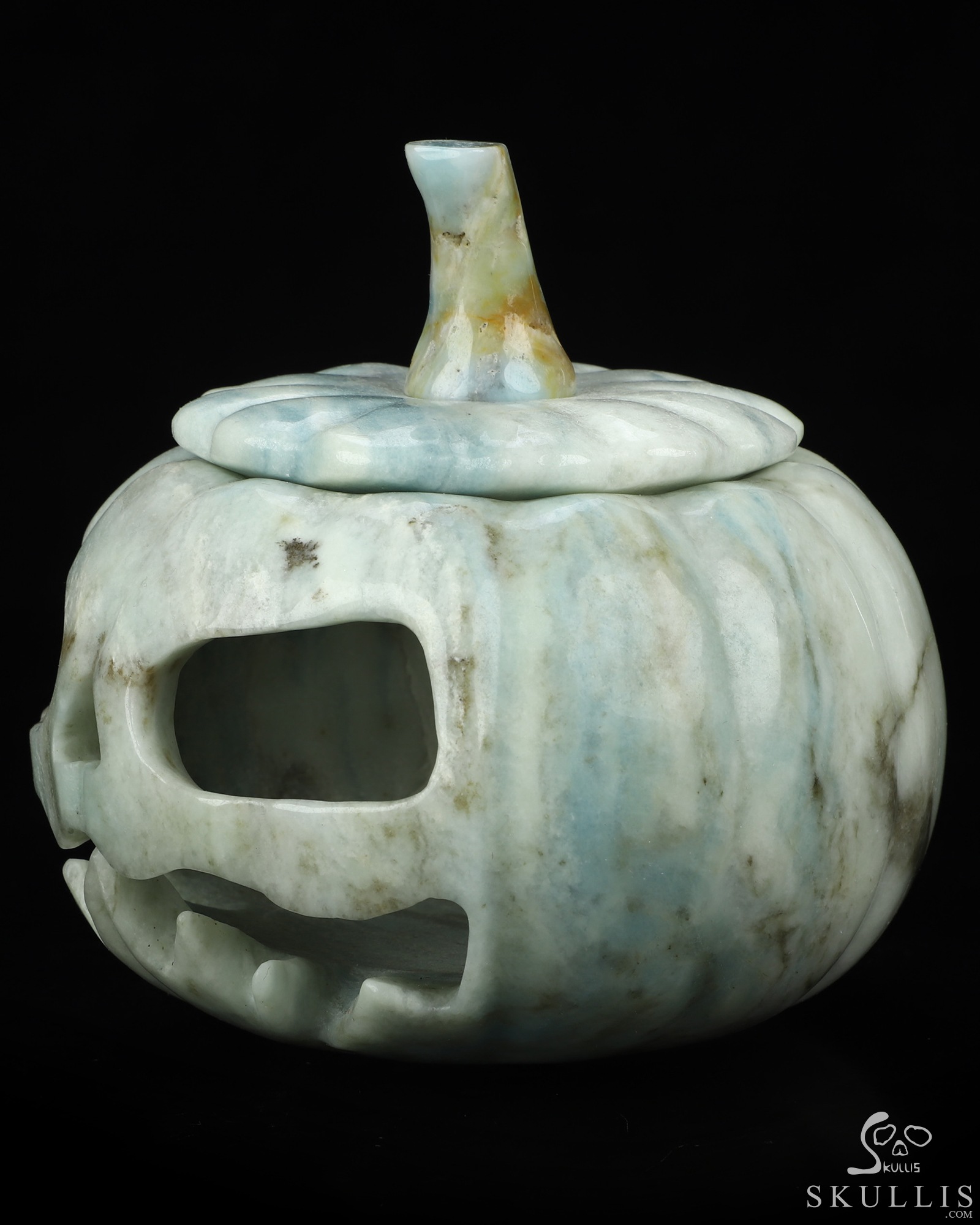 5.0" New Royal Dumortierite Hand Carved Hollow Jack-O'-Lantern Pumpkin Crystal Skull Sculpture, Crystal Healing 5.0" New Royal Dumortierite Hand Carved Hollow Jack-O'-Lantern Pumpkin Crystal Skull Sculpture, Crystal Healing