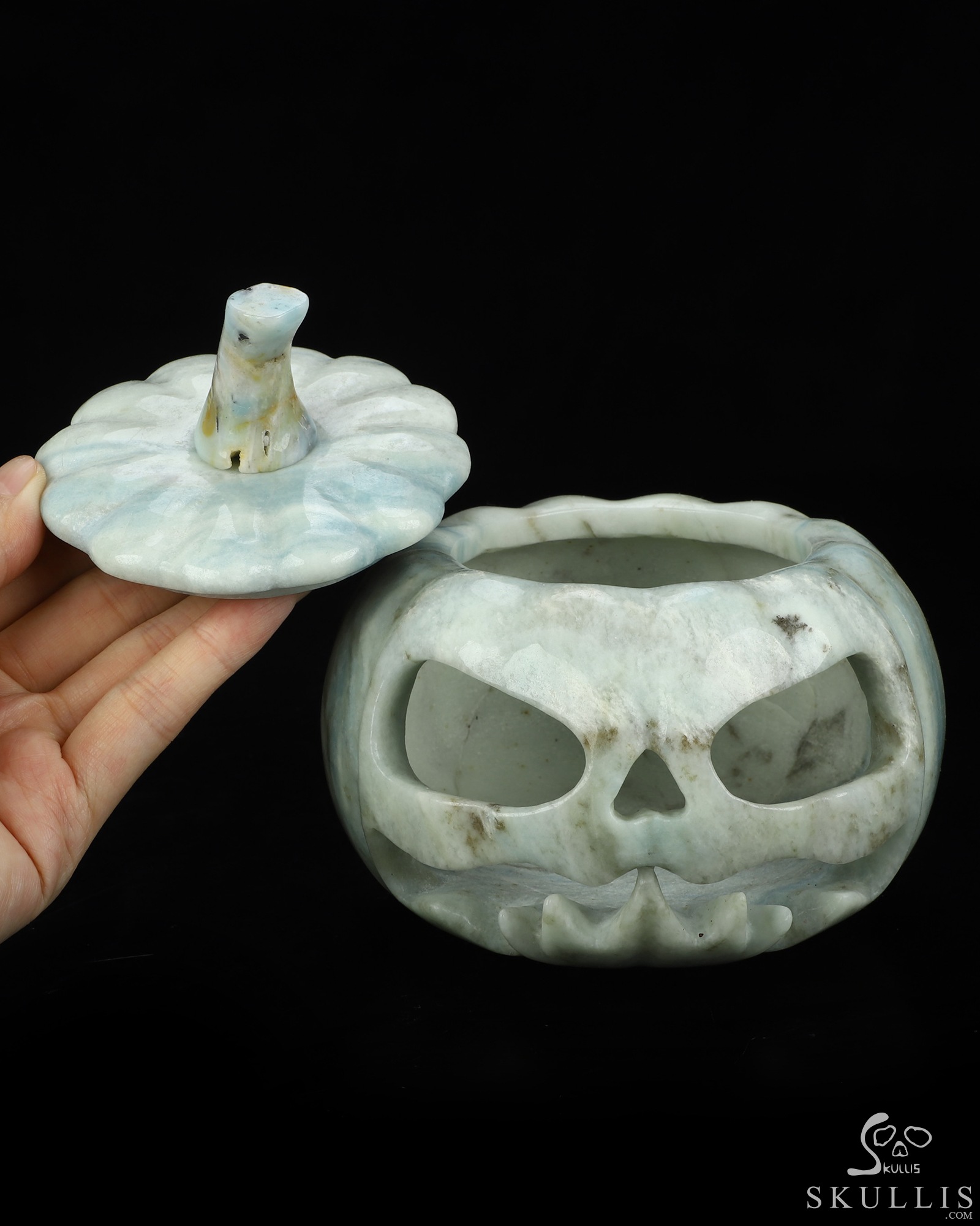 5.0" New Royal Dumortierite Hand Carved Hollow Jack-O'-Lantern Pumpkin Crystal Skull Sculpture, Crystal Healing 5.0" New Royal Dumortierite Hand Carved Hollow Jack-O'-Lantern Pumpkin Crystal Skull Sculpture, Crystal Healing