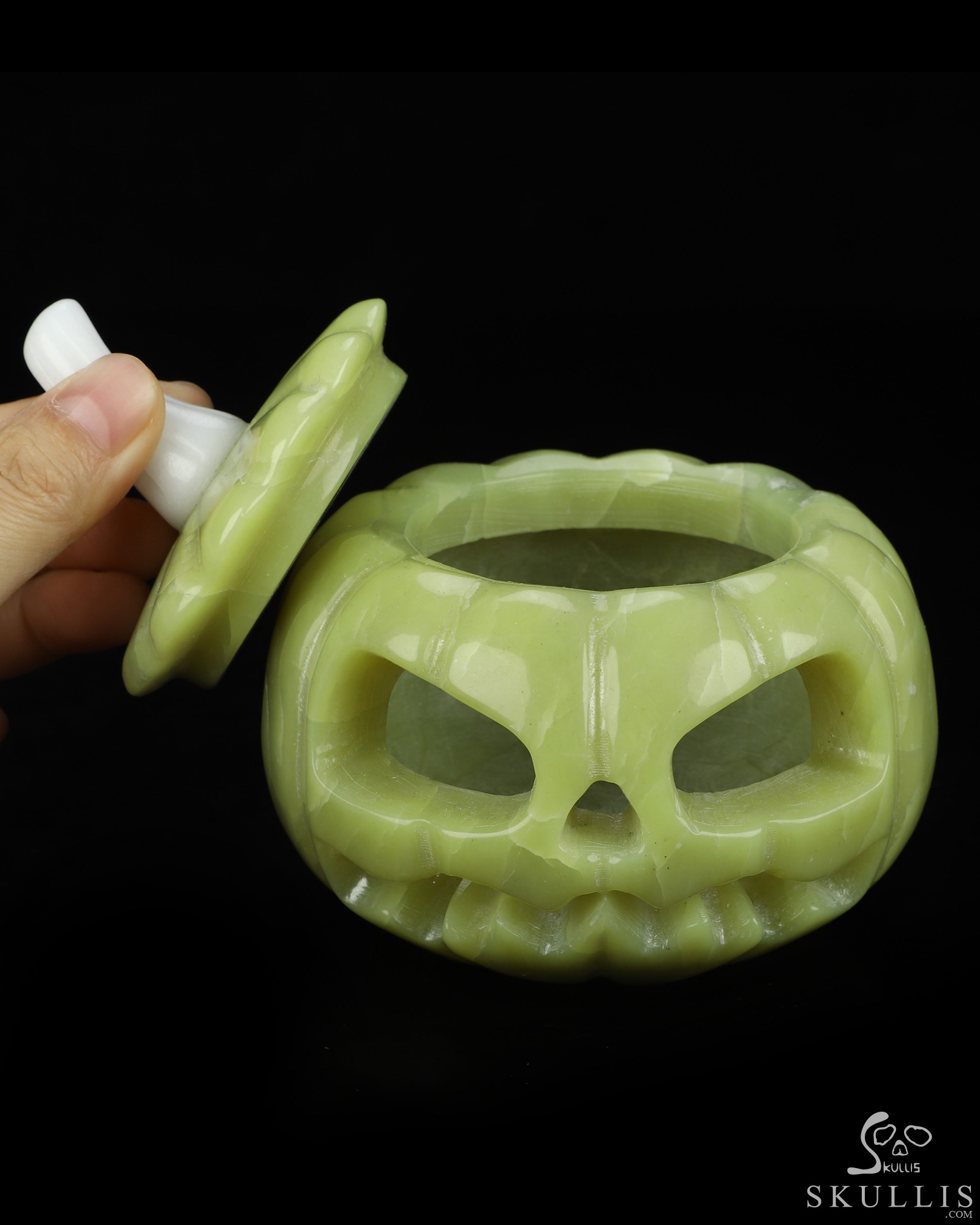 4.3" Lemon Stone Hand Carved Hollow Jack-O'-Lantern Pumpkin Crystal Skull Sculpture, Crystal Healing 4.3" Lemon Stone Hand Carved Hollow Jack-O'-Lantern Pumpkin Crystal Skull Sculpture, Crystal Healing