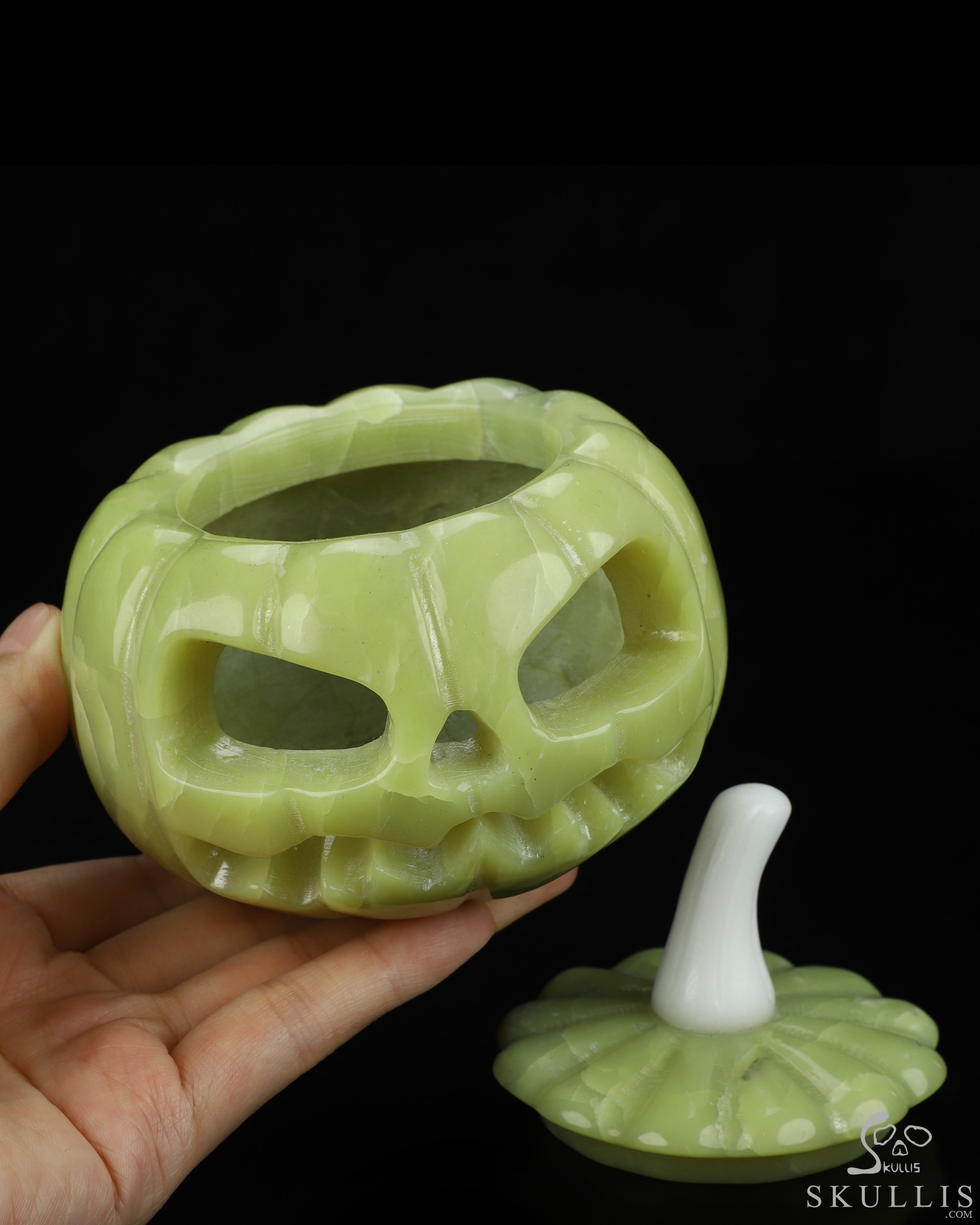 4.3" Lemon Stone Hand Carved Hollow Jack-O'-Lantern Pumpkin Crystal Skull Sculpture, Crystal Healing 4.3" Lemon Stone Hand Carved Hollow Jack-O'-Lantern Pumpkin Crystal Skull Sculpture, Crystal Healing