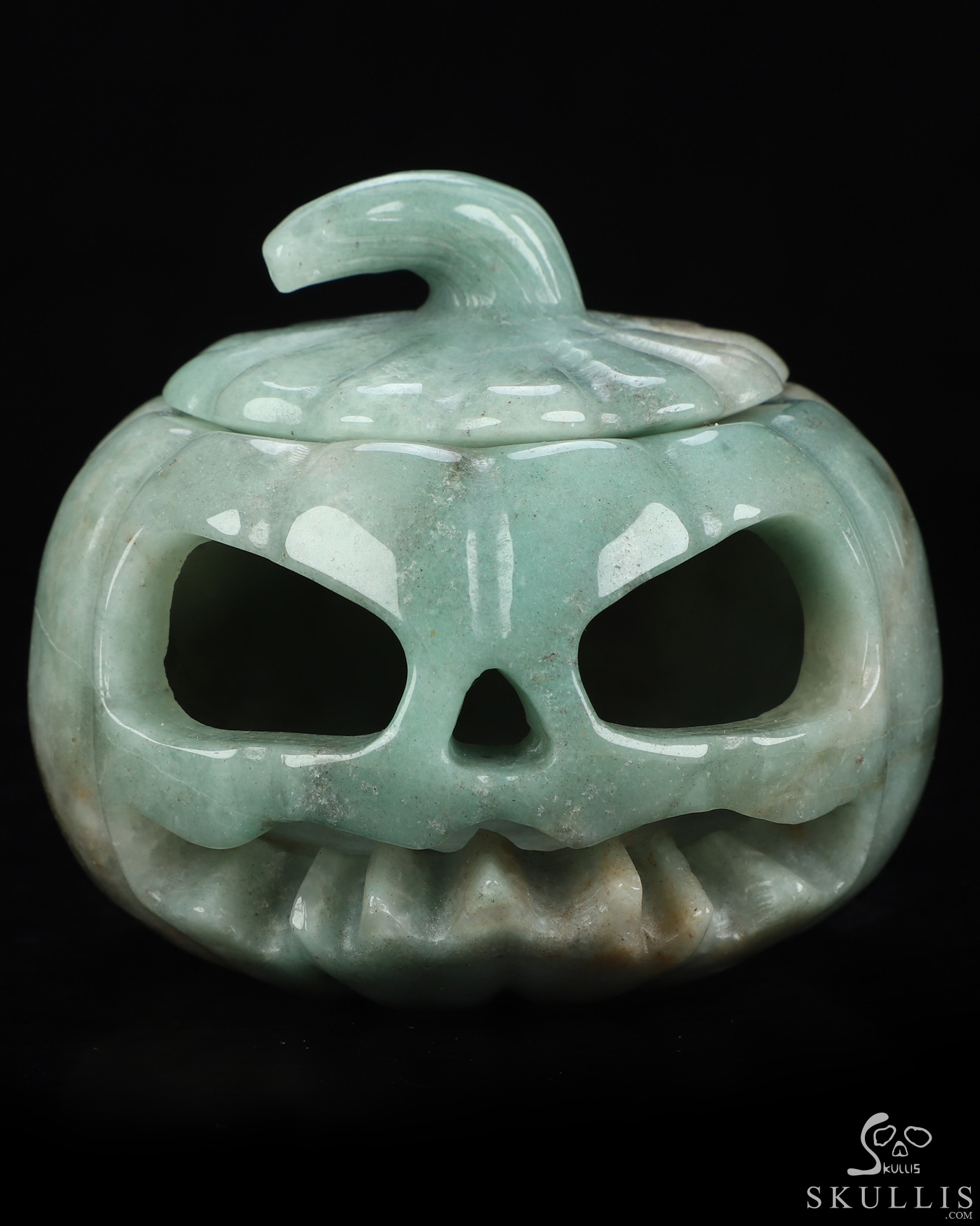 4.0" Green Aventurine Hand Carved Hollow Jack-O'-Lantern Pumpkin Crystal Skull Sculpture, Crystal Healing 4.0" Green Aventurine Hand Carved Hollow Jack-O'-Lantern Pumpkin Crystal Skull Sculpture, Crystal Healing
