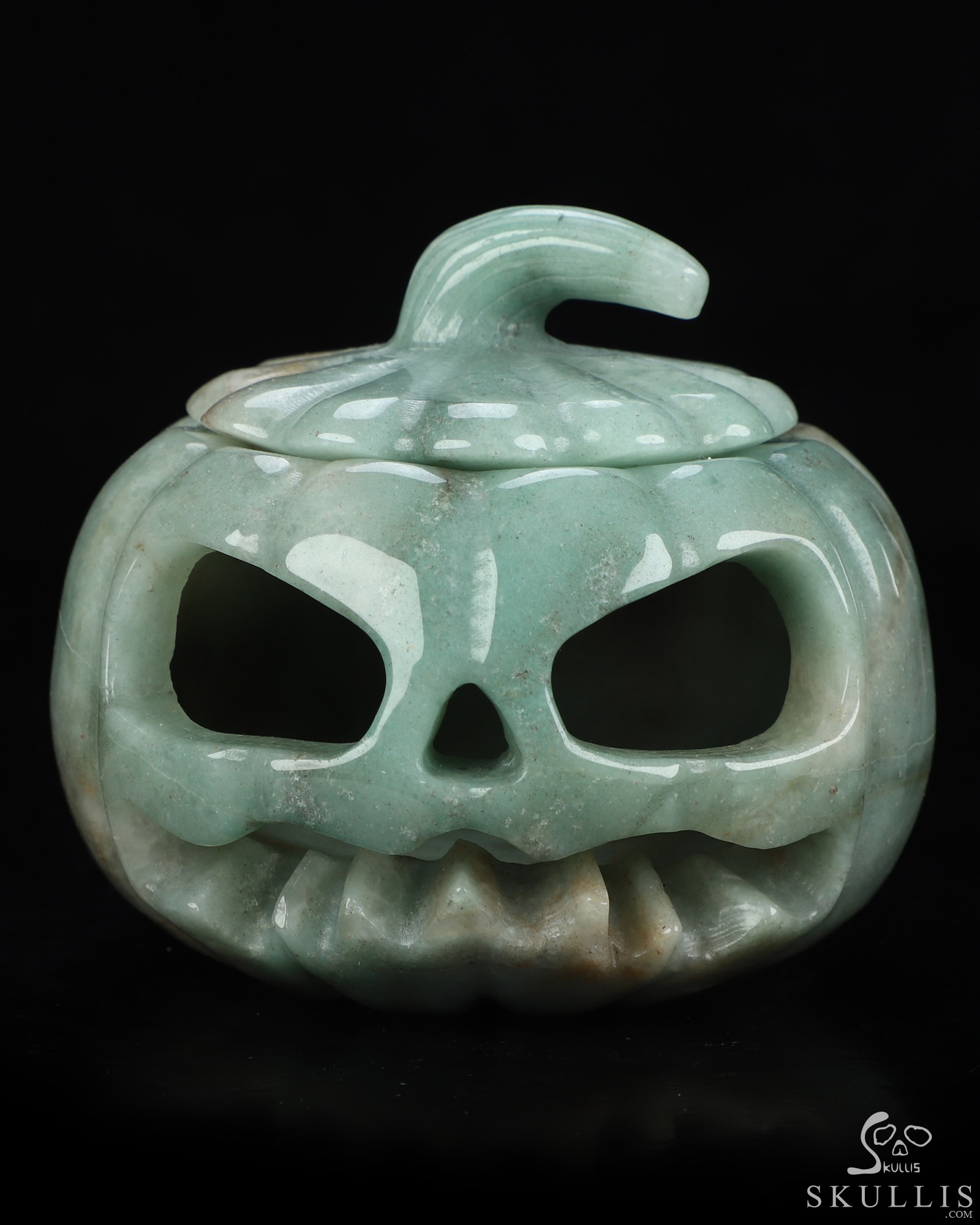 4.0" Green Aventurine Hand Carved Hollow Jack-O'-Lantern Pumpkin Crystal Skull Sculpture, Crystal Healing 4.0" Green Aventurine Hand Carved Hollow Jack-O'-Lantern Pumpkin Crystal Skull Sculpture, Crystal Healing