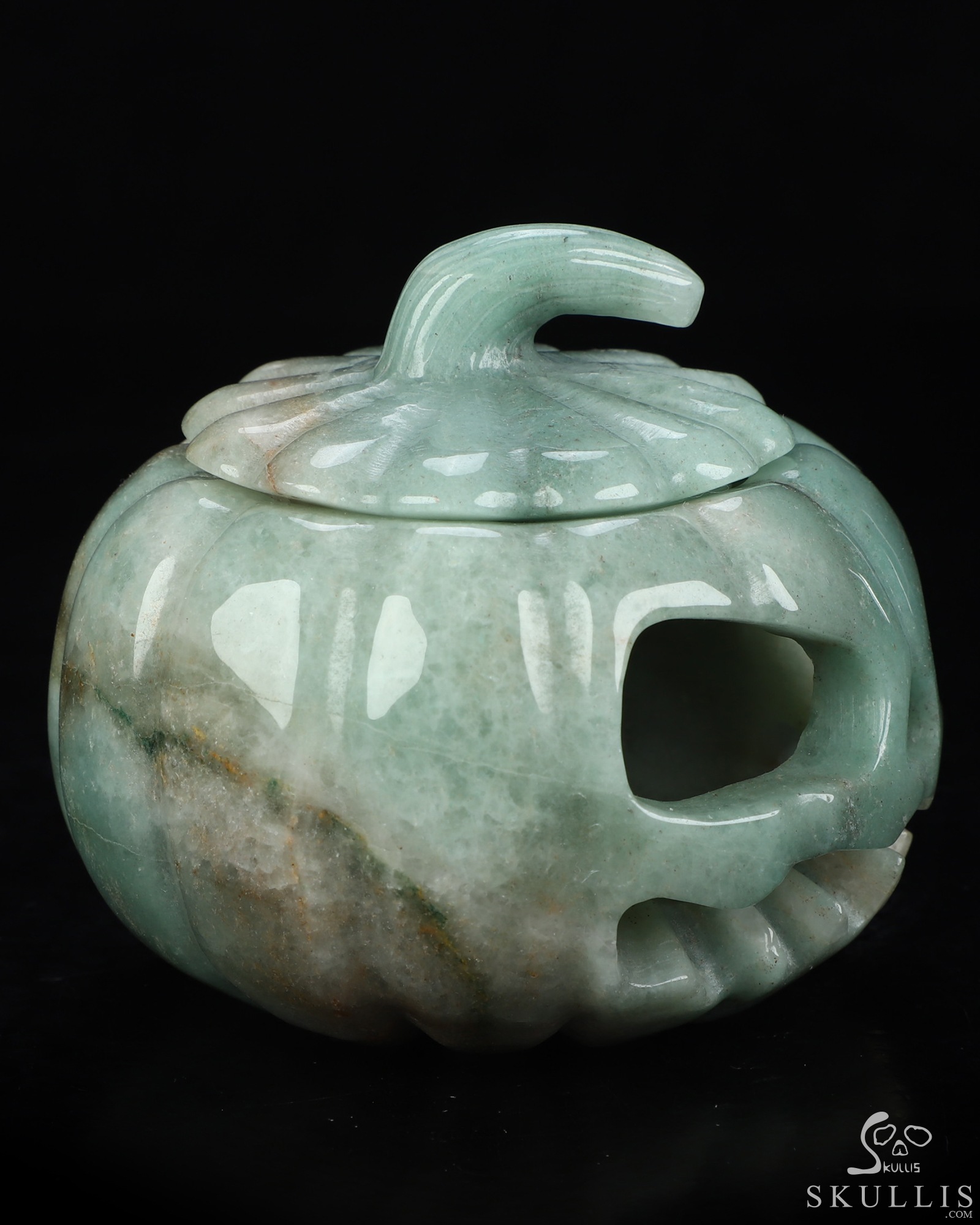 4.0" Green Aventurine Hand Carved Hollow Jack-O'-Lantern Pumpkin Crystal Skull Sculpture, Crystal Healing 4.0" Green Aventurine Hand Carved Hollow Jack-O'-Lantern Pumpkin Crystal Skull Sculpture, Crystal Healing