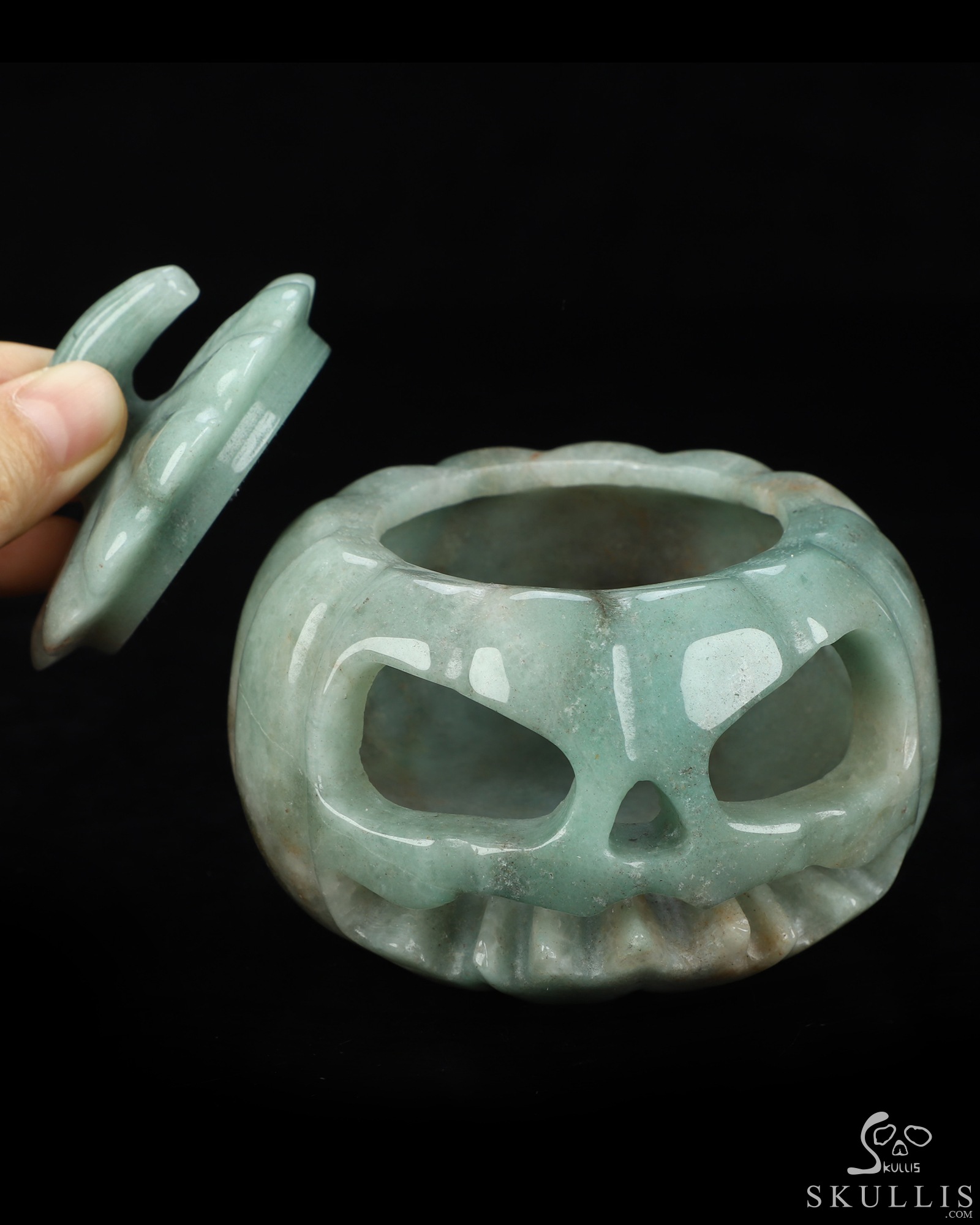 4.0" Green Aventurine Hand Carved Hollow Jack-O'-Lantern Pumpkin Crystal Skull Sculpture, Crystal Healing 4.0" Green Aventurine Hand Carved Hollow Jack-O'-Lantern Pumpkin Crystal Skull Sculpture, Crystal Healing