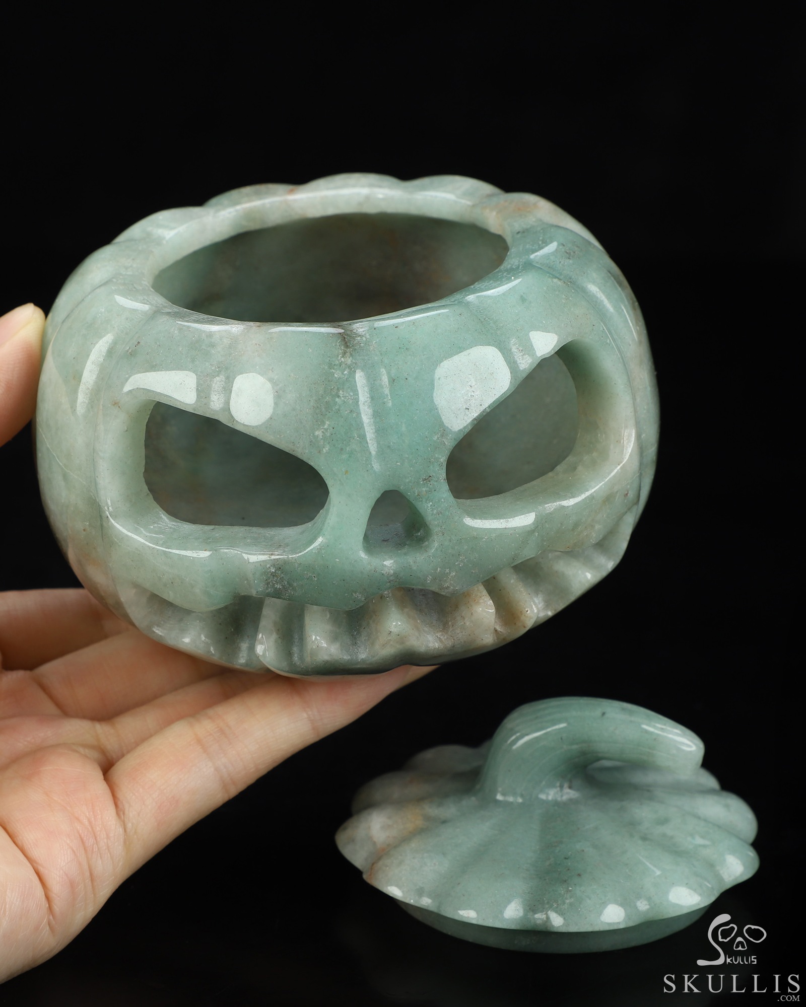 4.0" Green Aventurine Hand Carved Hollow Jack-O'-Lantern Pumpkin Crystal Skull Sculpture, Crystal Healing 4.0" Green Aventurine Hand Carved Hollow Jack-O'-Lantern Pumpkin Crystal Skull Sculpture, Crystal Healing