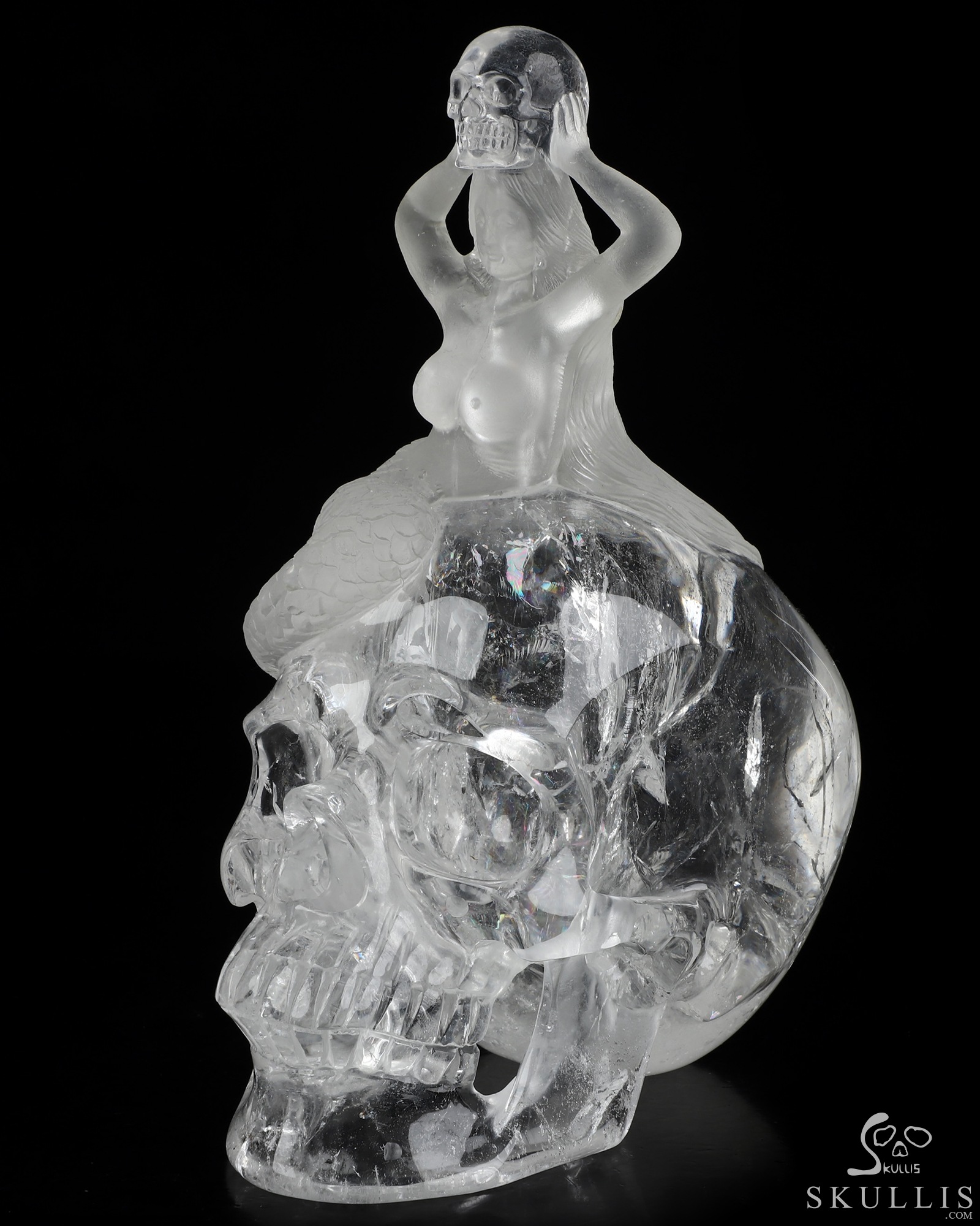 Siren’s Requiem - 7.1" Quartz Rock Crystal Hand Carved Mermaid & Dual Crystal Skull Fine Art Sculpture, Crystal Healing Siren’s Requiem - 7.1" Quartz Rock Crystal Hand Carved Mermaid & Dual Crystal Skull Fine Art Sculpture, Crystal Healing