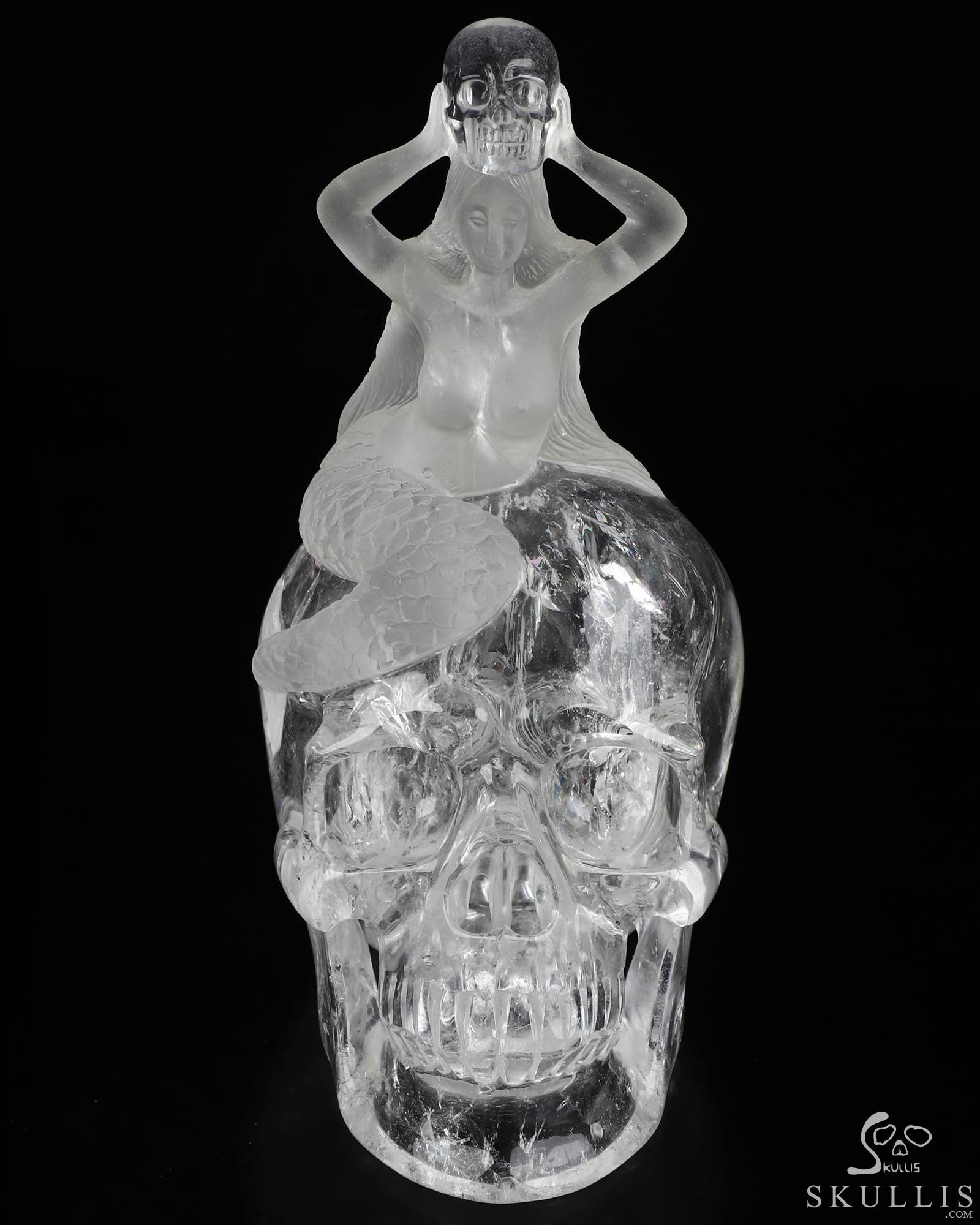 Siren’s Requiem - 7.1" Quartz Rock Crystal Hand Carved Mermaid & Dual Crystal Skull Fine Art Sculpture, Crystal Healing Siren’s Requiem - 7.1" Quartz Rock Crystal Hand Carved Mermaid & Dual Crystal Skull Fine Art Sculpture, Crystal Healing