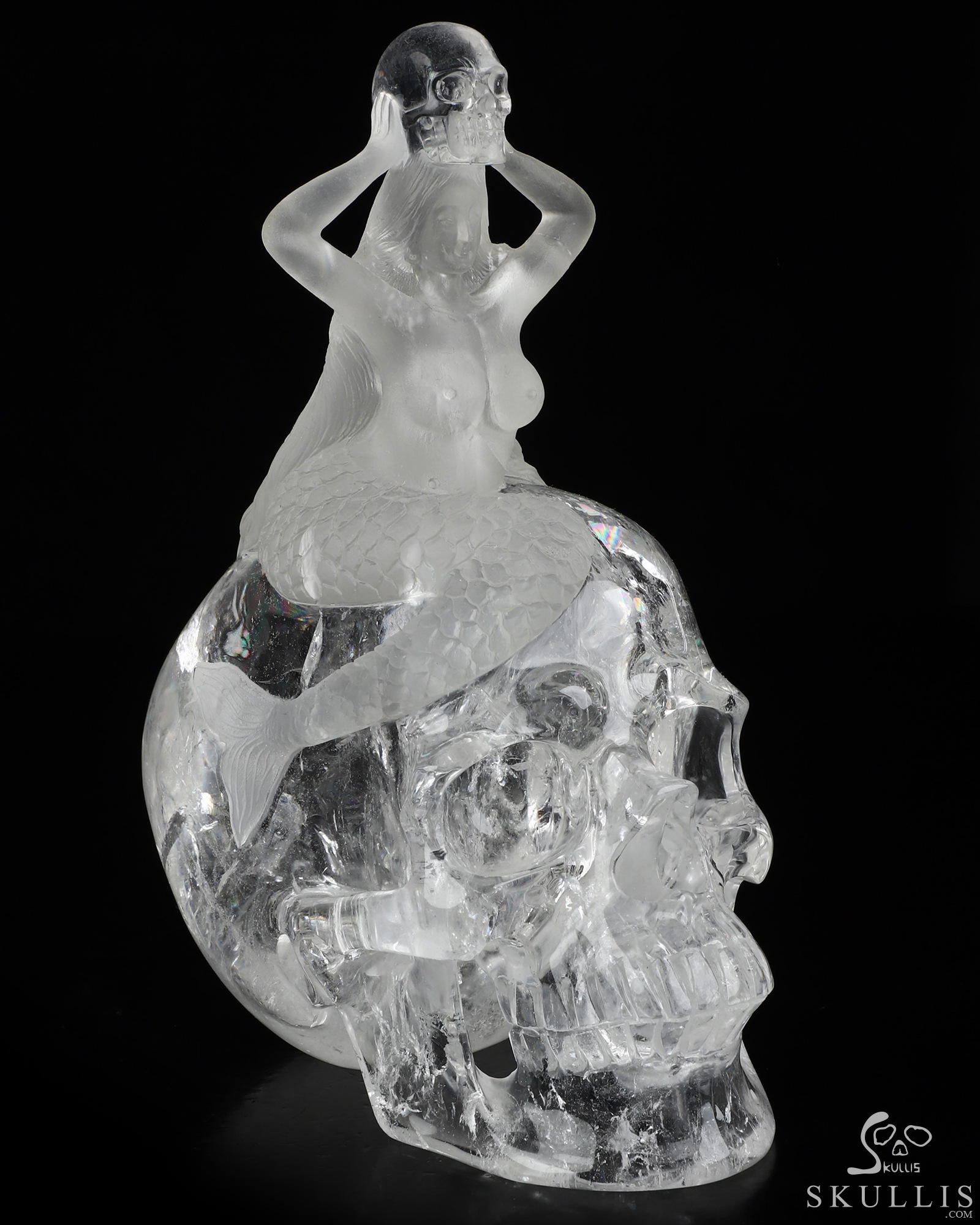 Siren’s Requiem - 7.1" Quartz Rock Crystal Hand Carved Mermaid & Dual Crystal Skull Fine Art Sculpture, Crystal Healing Siren’s Requiem - 7.1" Quartz Rock Crystal Hand Carved Mermaid & Dual Crystal Skull Fine Art Sculpture, Crystal Healing