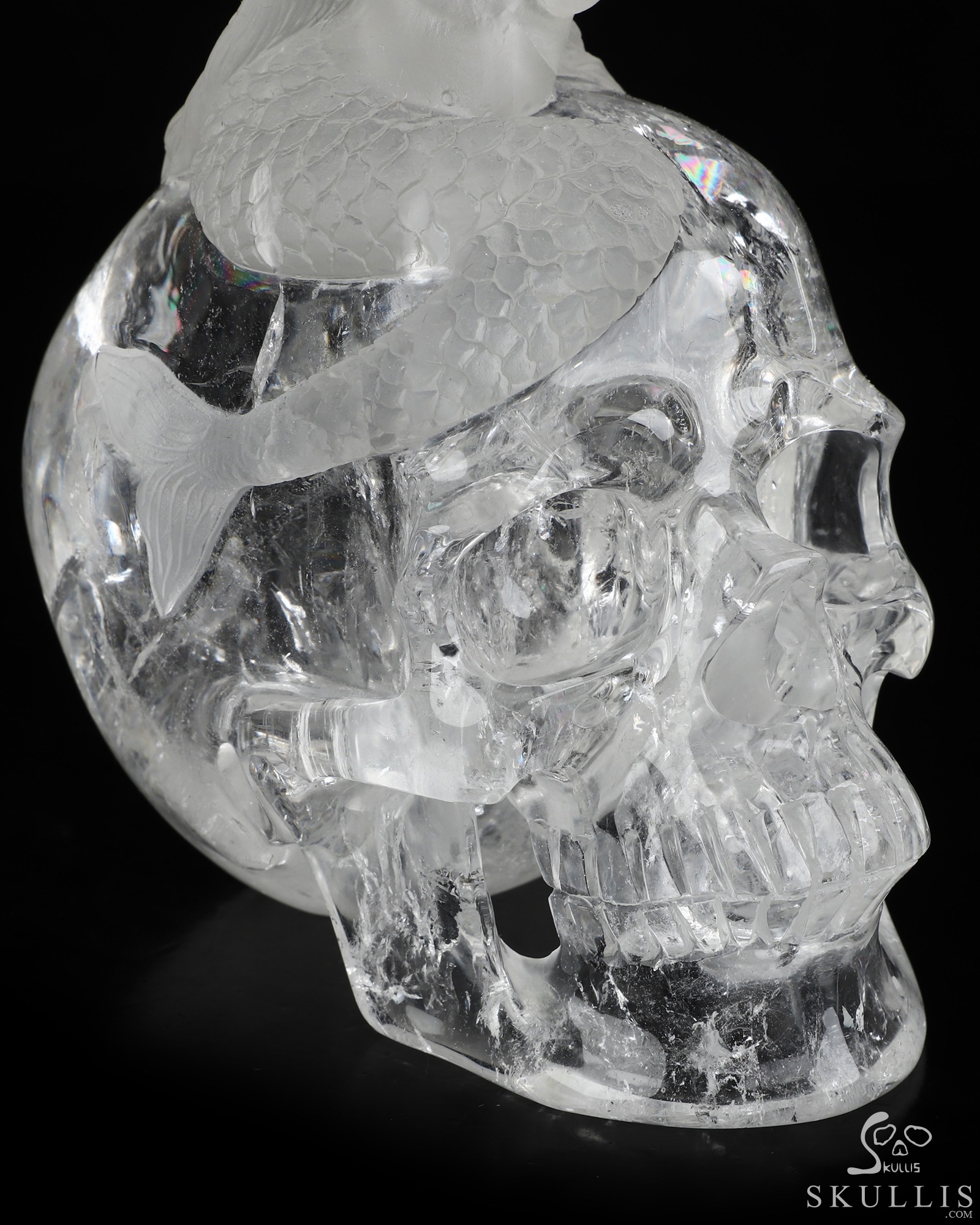 Siren’s Requiem - 7.1" Quartz Rock Crystal Hand Carved Mermaid & Dual Crystal Skull Fine Art Sculpture, Crystal Healing Siren’s Requiem - 7.1" Quartz Rock Crystal Hand Carved Mermaid & Dual Crystal Skull Fine Art Sculpture, Crystal Healing