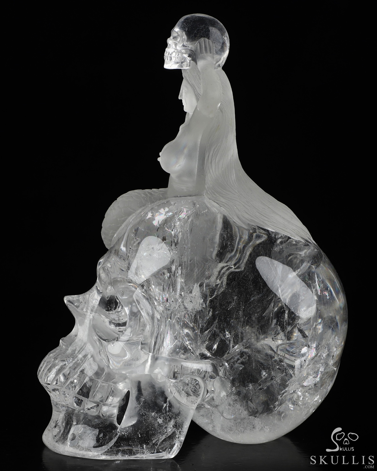 Siren’s Requiem - 7.1" Quartz Rock Crystal Hand Carved Mermaid & Dual Crystal Skull Fine Art Sculpture, Crystal Healing Siren’s Requiem - 7.1" Quartz Rock Crystal Hand Carved Mermaid & Dual Crystal Skull Fine Art Sculpture, Crystal Healing