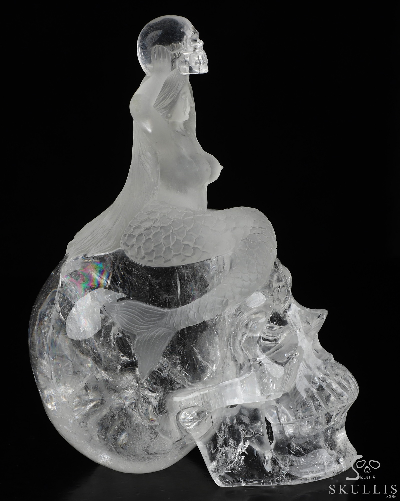 Siren’s Requiem - 7.1" Quartz Rock Crystal Hand Carved Mermaid & Dual Crystal Skull Fine Art Sculpture, Crystal Healing Siren’s Requiem - 7.1" Quartz Rock Crystal Hand Carved Mermaid & Dual Crystal Skull Fine Art Sculpture, Crystal Healing