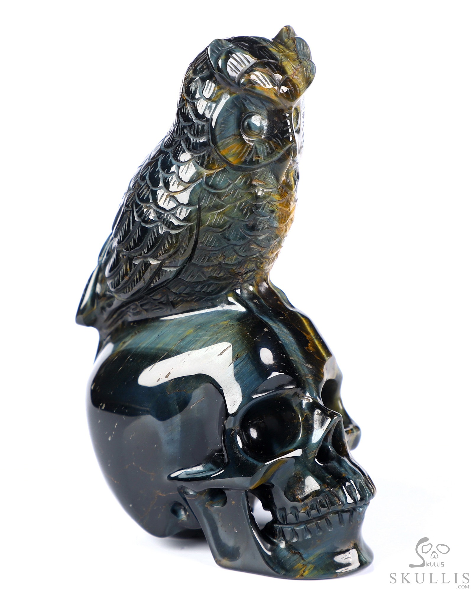 Gemstone 4.3" Blue & Gold Tiger's Eye Hand Carved Crystal Skull and Owl Sculpture, Crystal Healing Gemstone 4.3" Blue & Gold Tiger's Eye Hand Carved Crystal Skull and Owl Sculpture, Crystal Healing