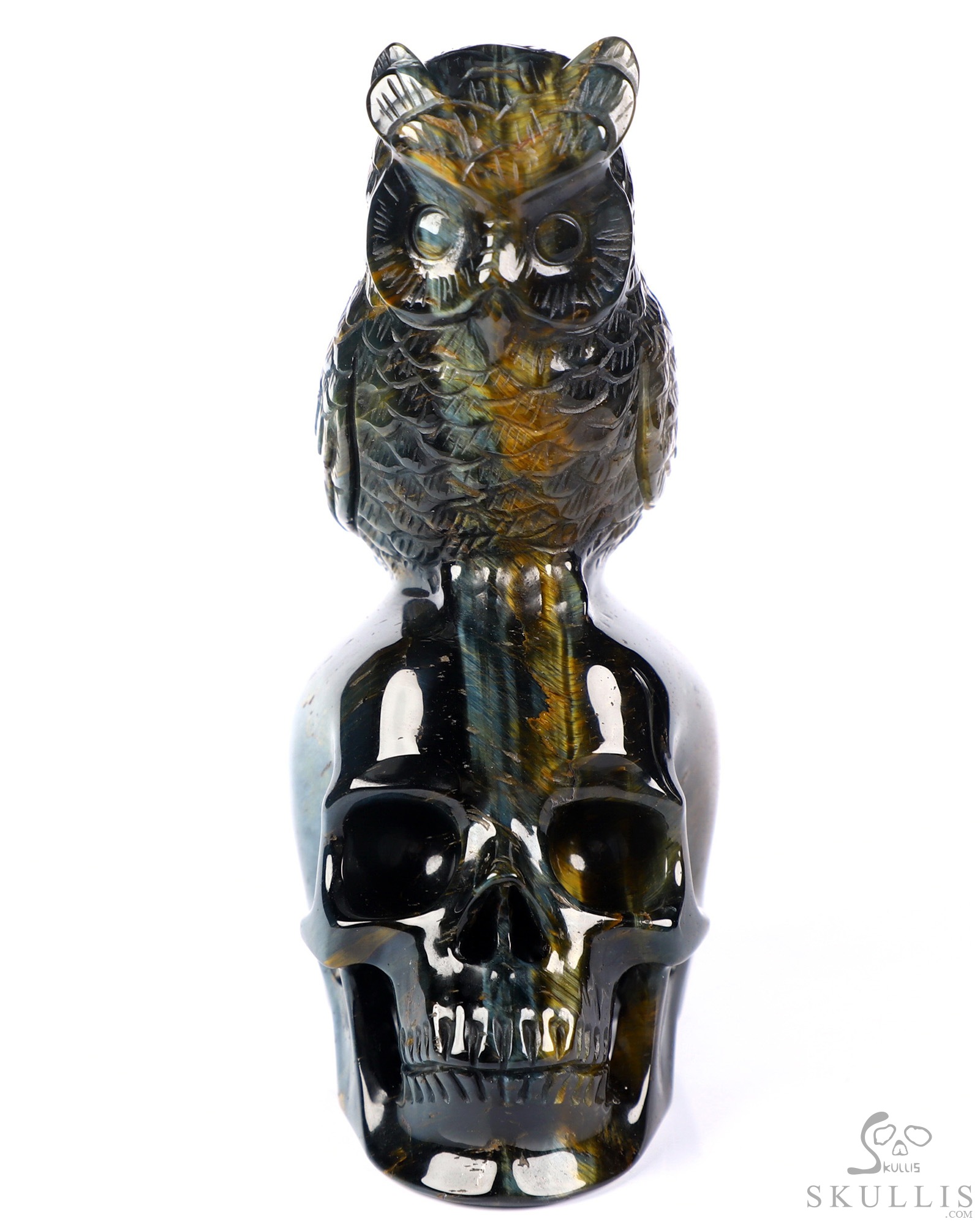 Gemstone 4.3" Blue & Gold Tiger's Eye Hand Carved Crystal Skull and Owl Sculpture, Crystal Healing Gemstone 4.3" Blue & Gold Tiger's Eye Hand Carved Crystal Skull and Owl Sculpture, Crystal Healing