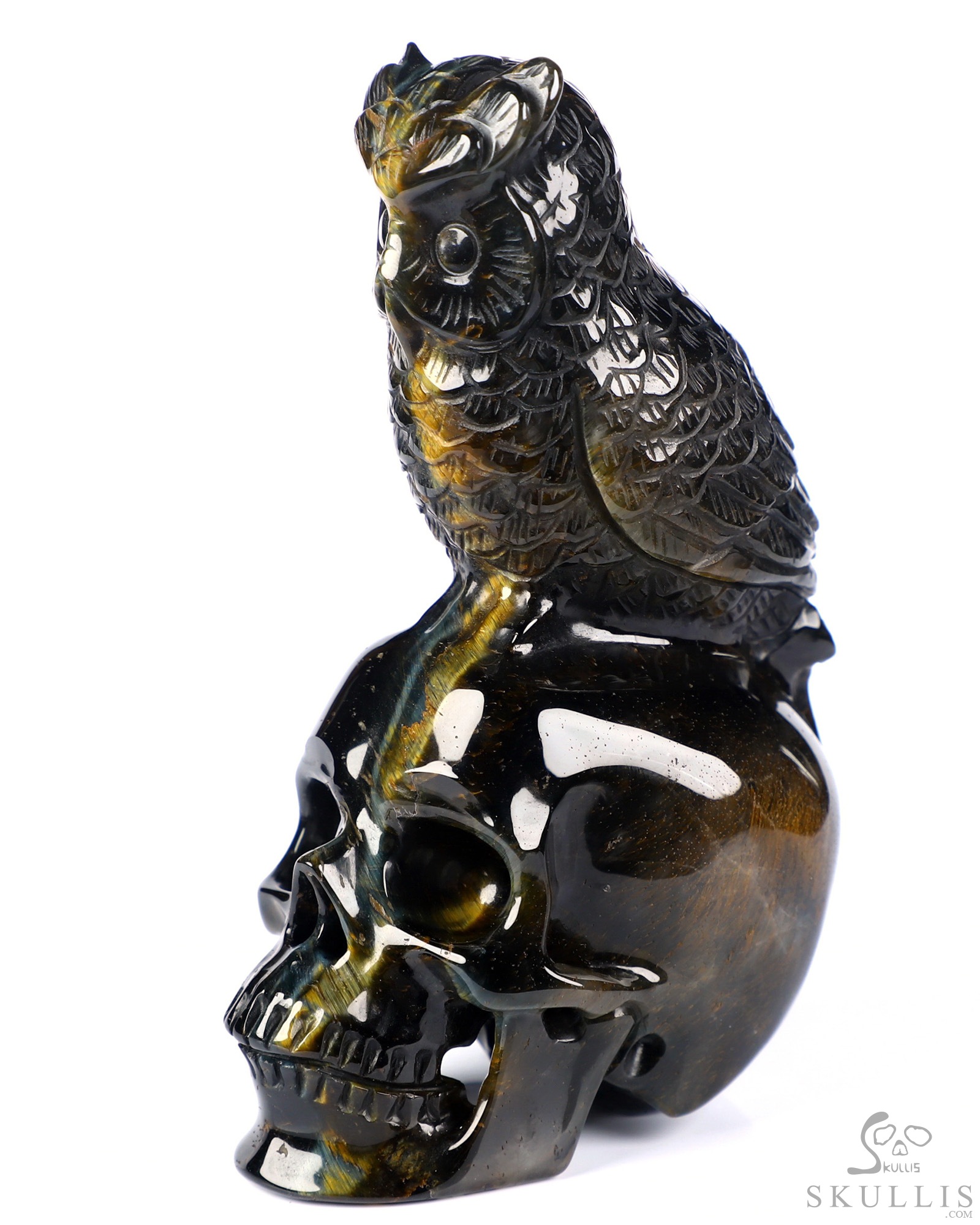 Gemstone 4.3" Blue & Gold Tiger's Eye Hand Carved Crystal Skull and Owl Sculpture, Crystal Healing Gemstone 4.3" Blue & Gold Tiger's Eye Hand Carved Crystal Skull and Owl Sculpture, Crystal Healing