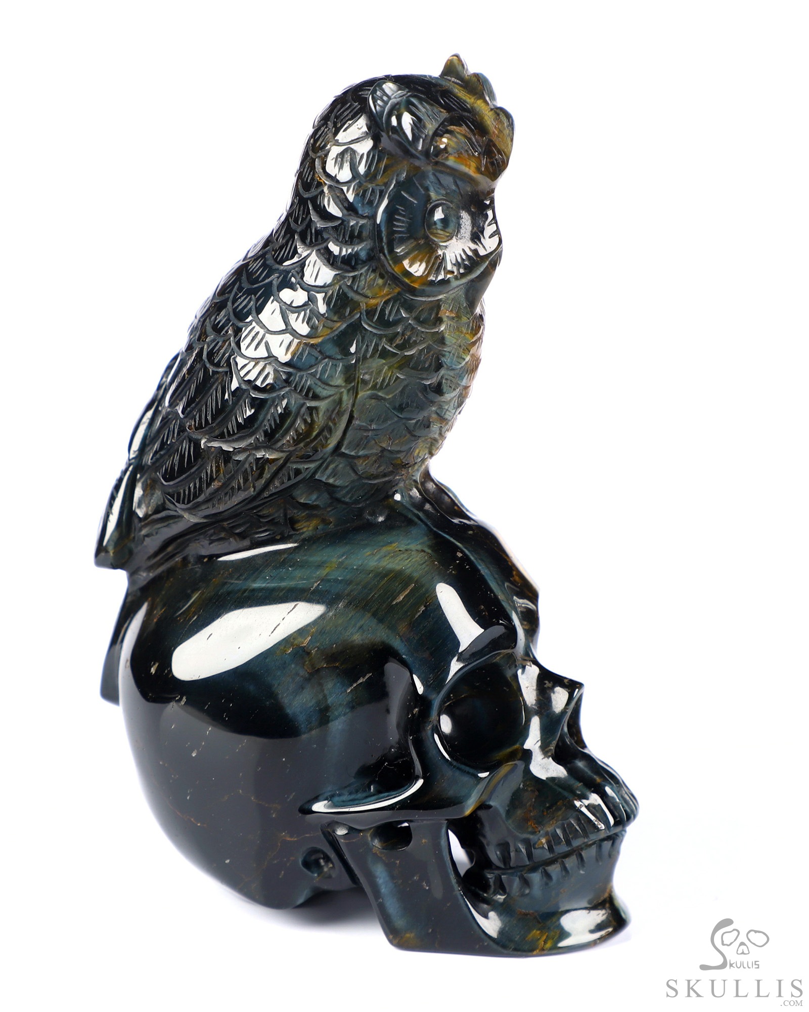 Gemstone 4.3" Blue & Gold Tiger's Eye Hand Carved Crystal Skull and Owl Sculpture, Crystal Healing Gemstone 4.3" Blue & Gold Tiger's Eye Hand Carved Crystal Skull and Owl Sculpture, Crystal Healing
