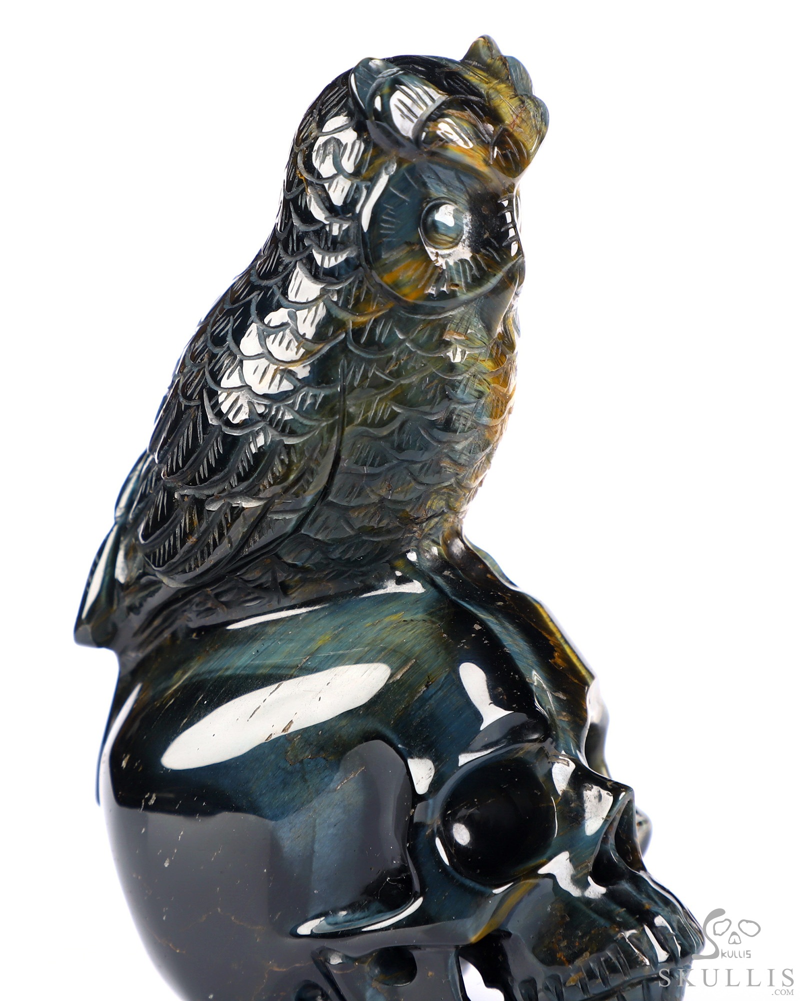 Gemstone 4.3" Blue & Gold Tiger's Eye Hand Carved Crystal Skull and Owl Sculpture, Crystal Healing Gemstone 4.3" Blue & Gold Tiger's Eye Hand Carved Crystal Skull and Owl Sculpture, Crystal Healing