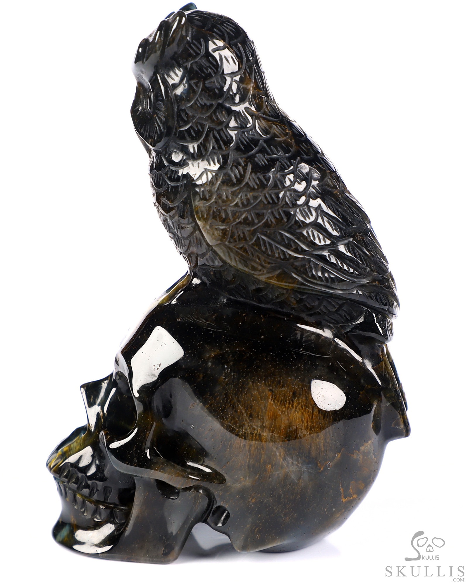 Gemstone 4.3" Blue & Gold Tiger's Eye Hand Carved Crystal Skull and Owl Sculpture, Crystal Healing Gemstone 4.3" Blue & Gold Tiger's Eye Hand Carved Crystal Skull and Owl Sculpture, Crystal Healing