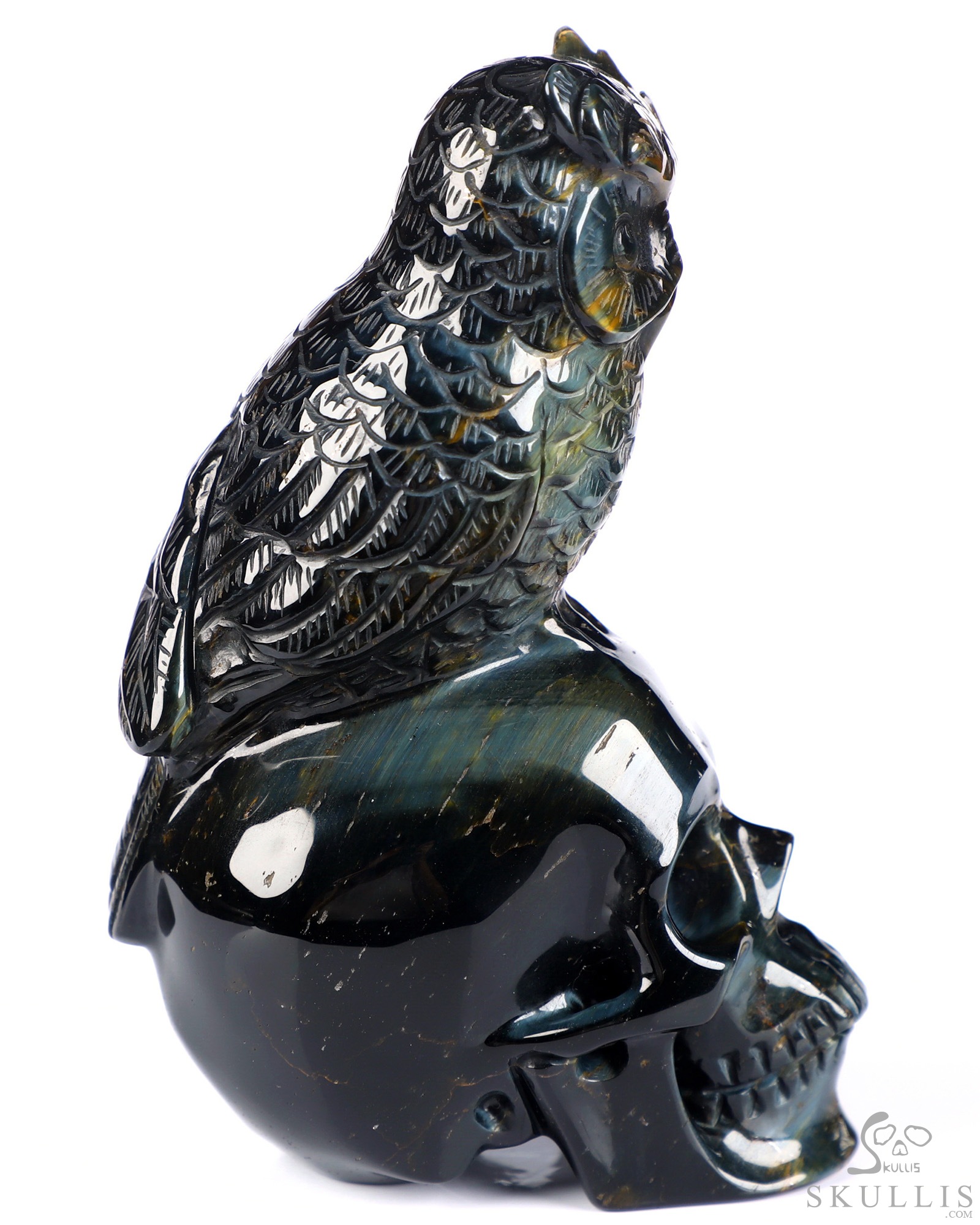 Gemstone 4.3" Blue & Gold Tiger's Eye Hand Carved Crystal Skull and Owl Sculpture, Crystal Healing Gemstone 4.3" Blue & Gold Tiger's Eye Hand Carved Crystal Skull and Owl Sculpture, Crystal Healing