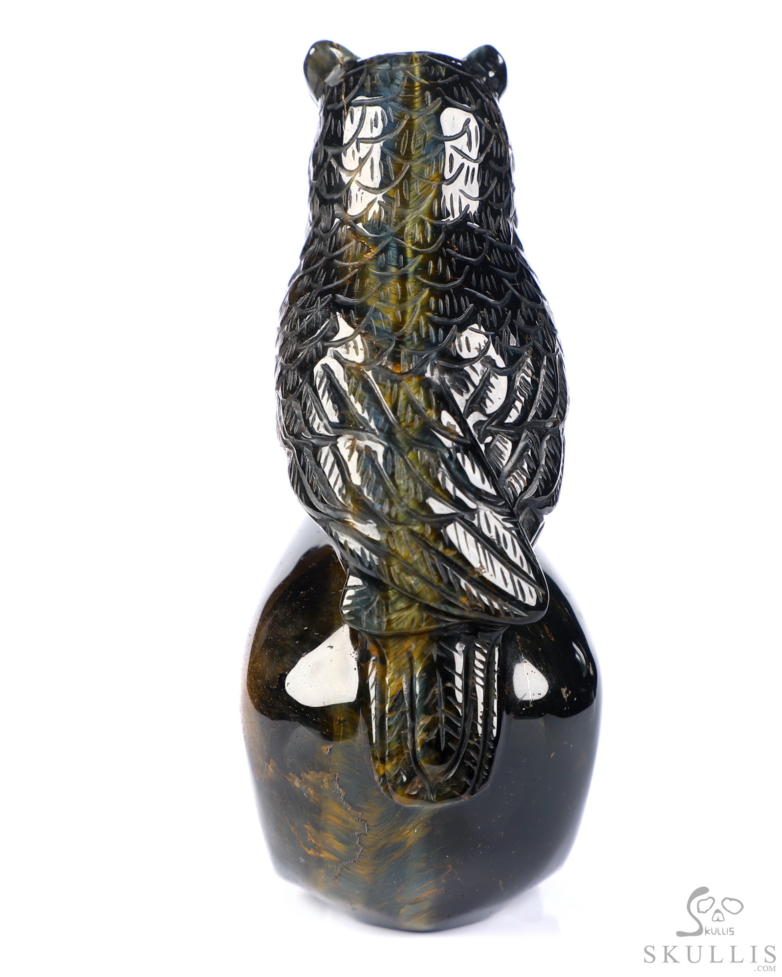 Gemstone 4.3" Blue & Gold Tiger's Eye Hand Carved Crystal Skull and Owl Sculpture, Crystal Healing Gemstone 4.3" Blue & Gold Tiger's Eye Hand Carved Crystal Skull and Owl Sculpture, Crystal Healing