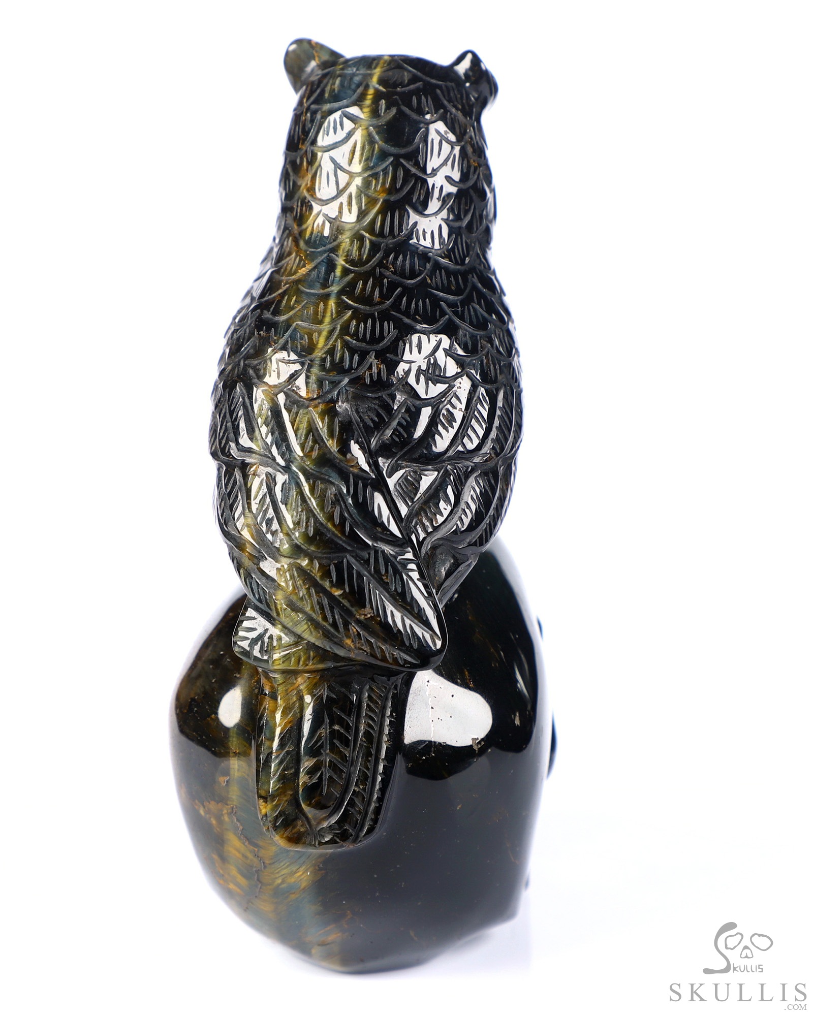 Gemstone 4.3" Blue & Gold Tiger's Eye Hand Carved Crystal Skull and Owl Sculpture, Crystal Healing Gemstone 4.3" Blue & Gold Tiger's Eye Hand Carved Crystal Skull and Owl Sculpture, Crystal Healing
