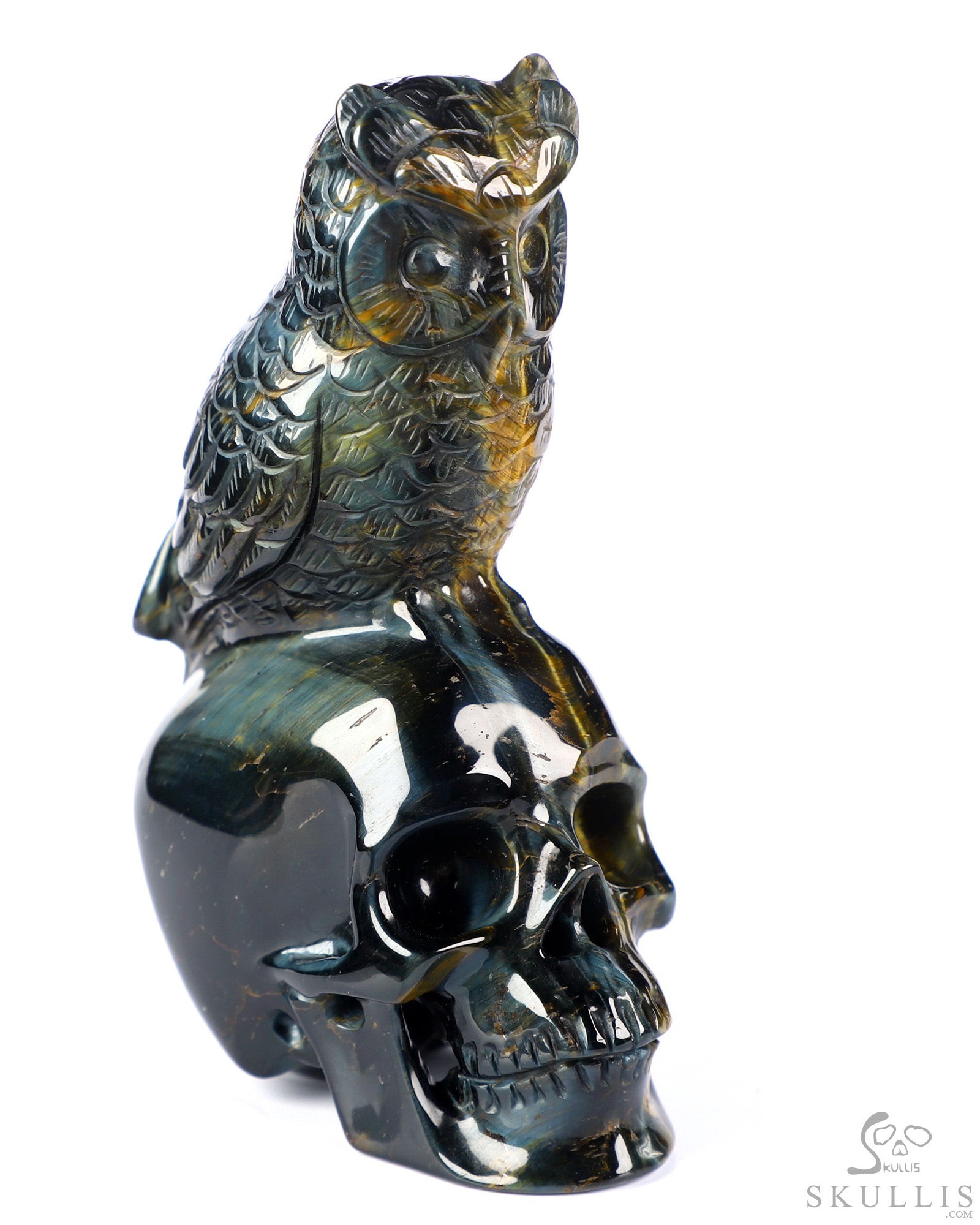 Gemstone 4.3" Blue & Gold Tiger's Eye Hand Carved Crystal Skull and Owl Sculpture, Crystal Healing Gemstone 4.3" Blue & Gold Tiger's Eye Hand Carved Crystal Skull and Owl Sculpture, Crystal Healing