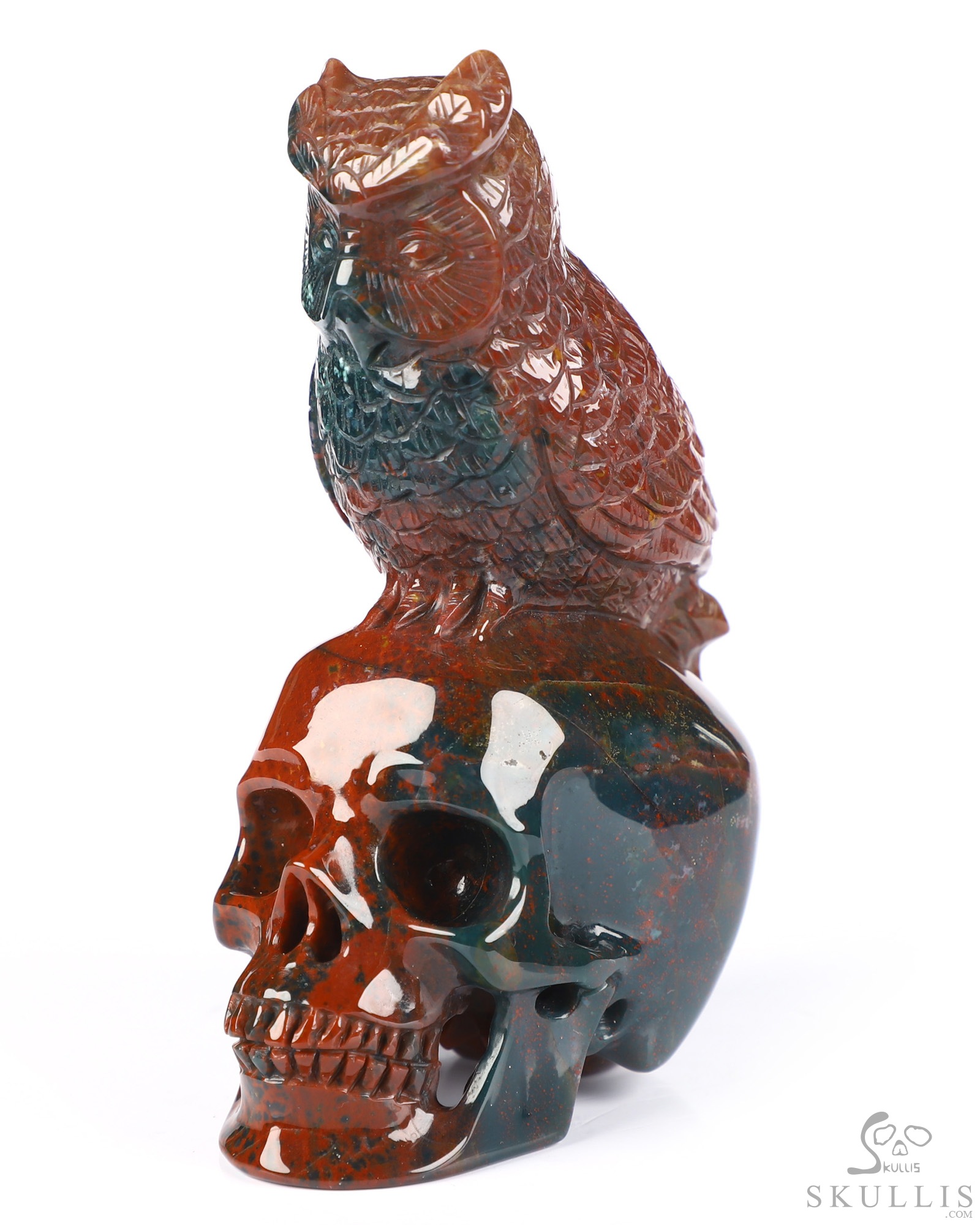4.3" Bloodstone Hand Carved Crystal Skull and Owl Sculpture, Crystal Healing 4.3" Bloodstone Hand Carved Crystal Skull and Owl Sculpture, Crystal Healing