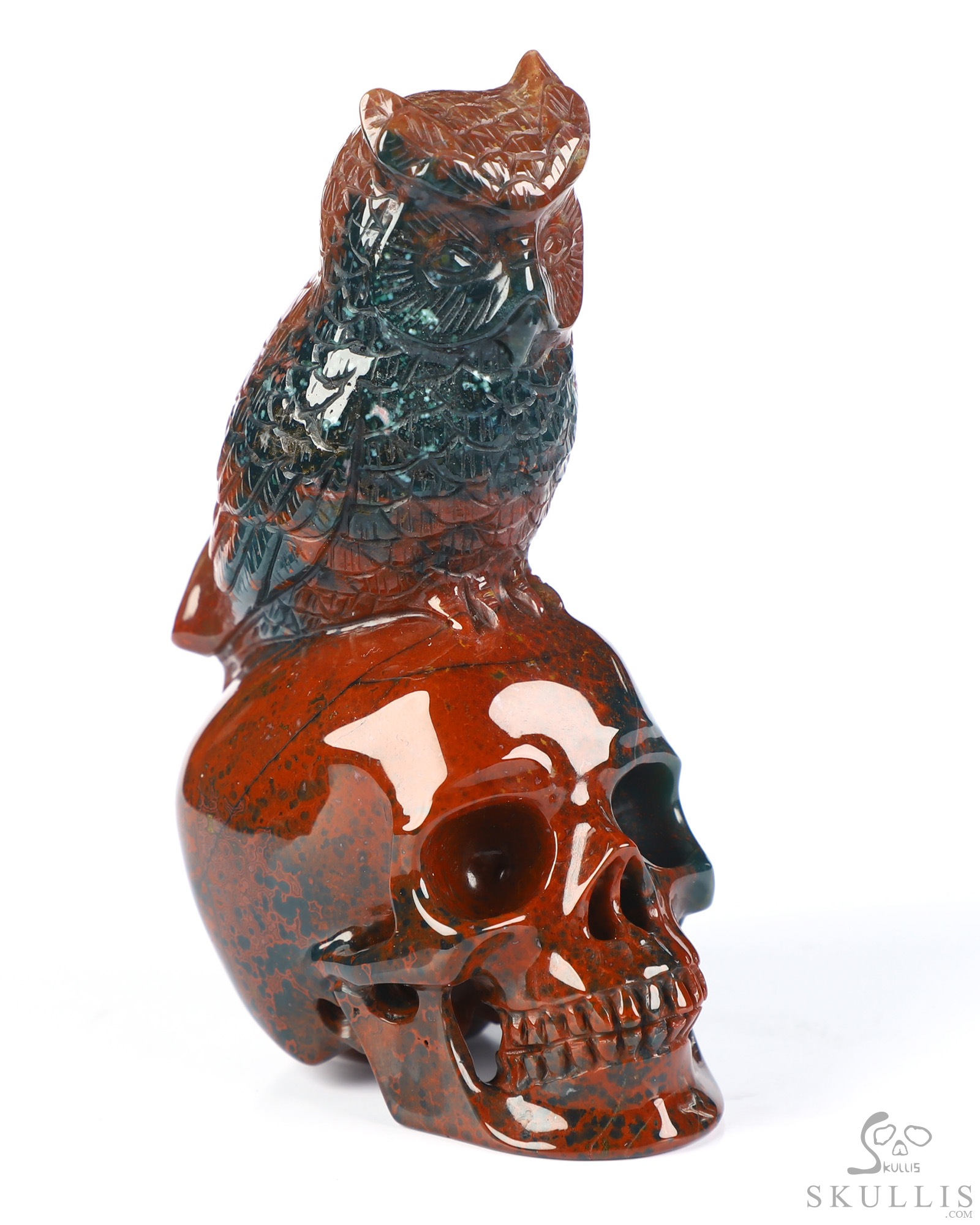 4.3" Bloodstone Hand Carved Crystal Skull and Owl Sculpture, Crystal Healing 4.3" Bloodstone Hand Carved Crystal Skull and Owl Sculpture, Crystal Healing