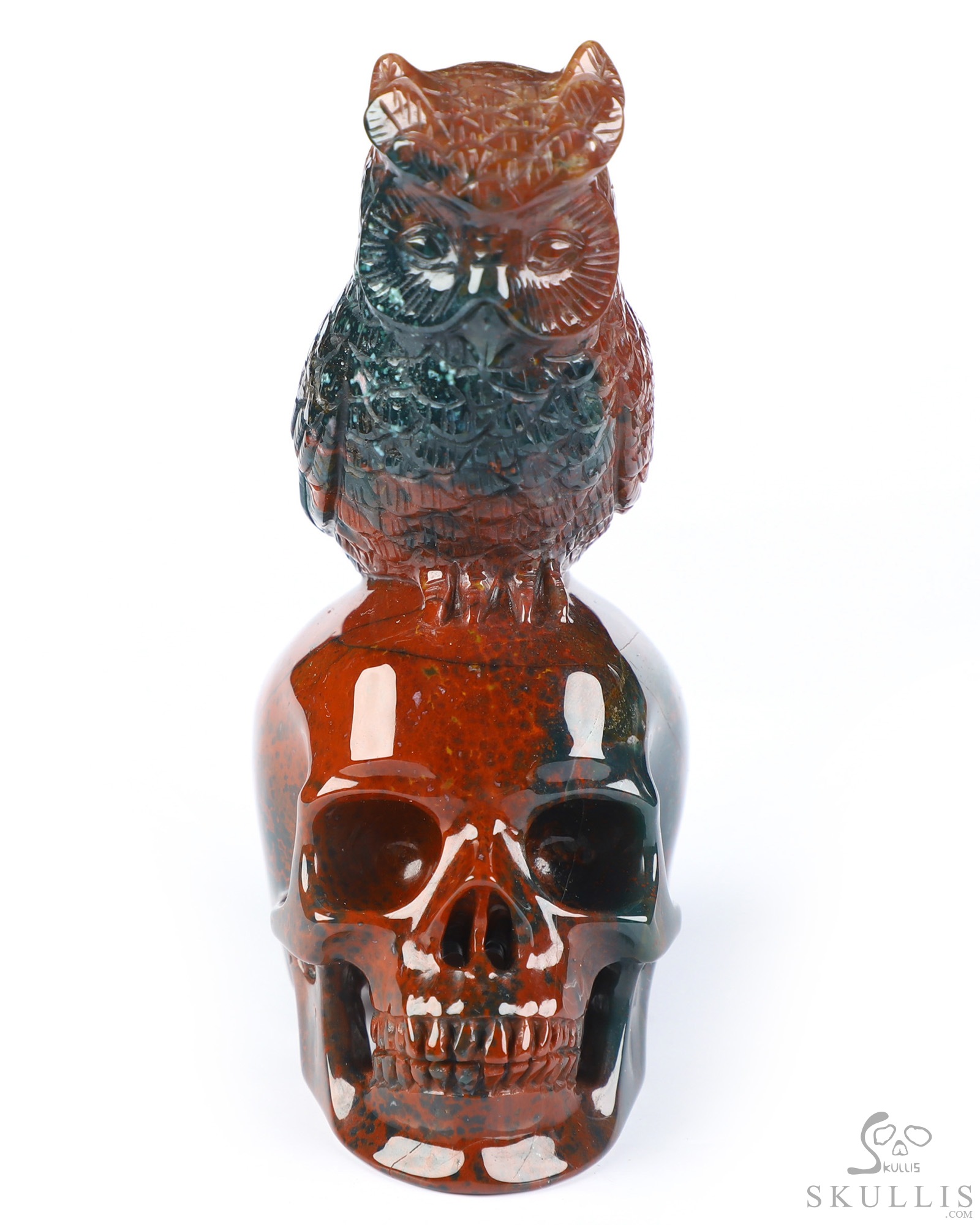 4.3" Bloodstone Hand Carved Crystal Skull and Owl Sculpture, Crystal Healing 4.3" Bloodstone Hand Carved Crystal Skull and Owl Sculpture, Crystal Healing