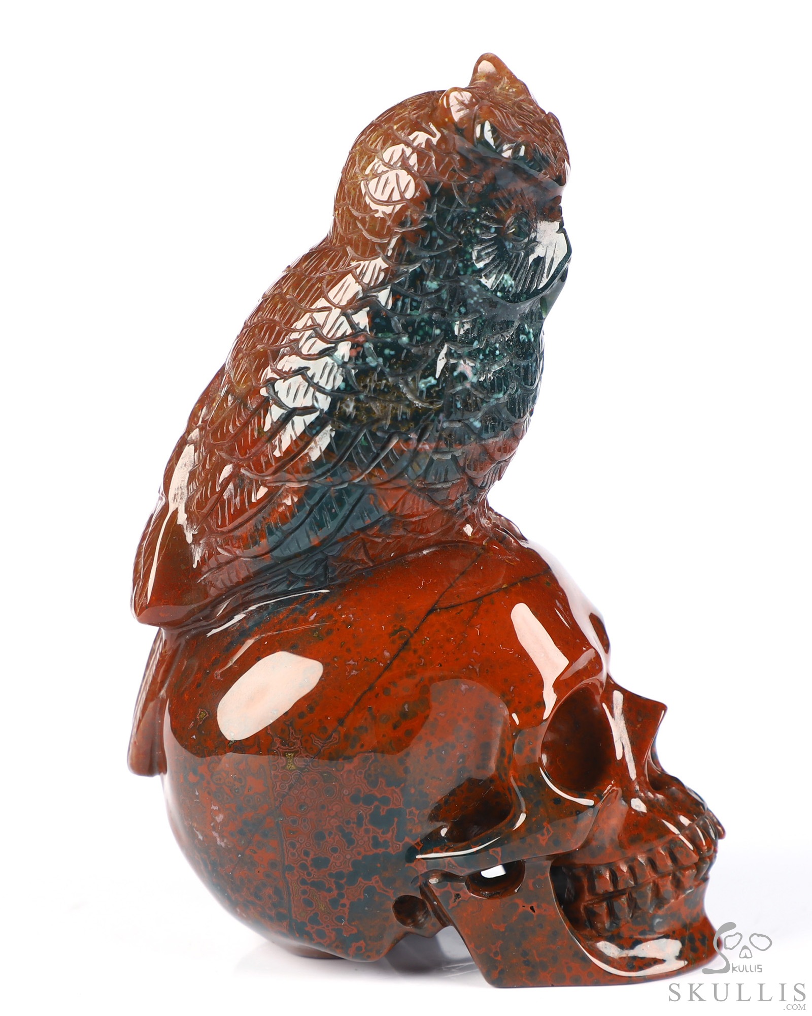 4.3" Bloodstone Hand Carved Crystal Skull and Owl Sculpture, Crystal Healing 4.3" Bloodstone Hand Carved Crystal Skull and Owl Sculpture, Crystal Healing