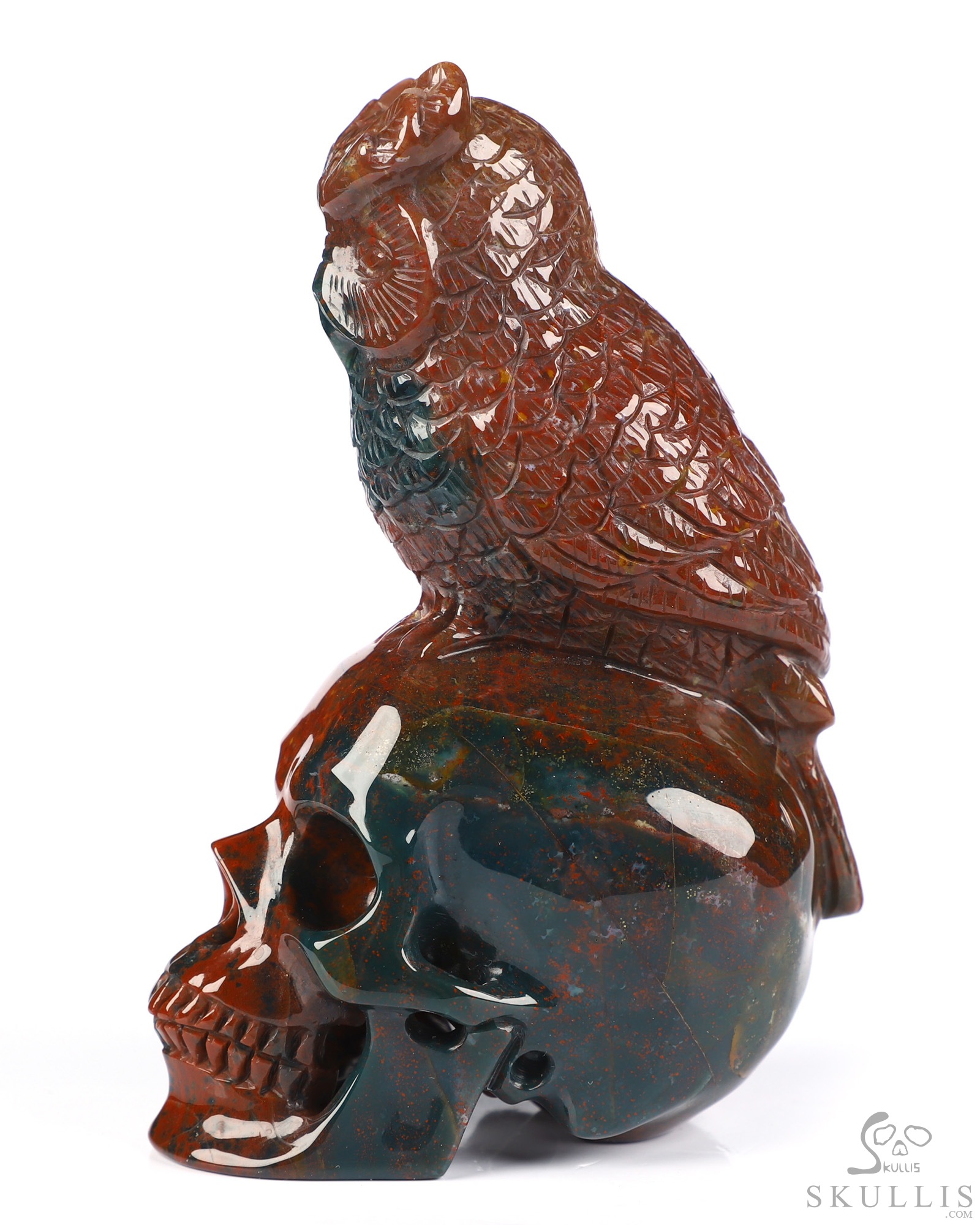 4.3" Bloodstone Hand Carved Crystal Skull and Owl Sculpture, Crystal Healing 4.3" Bloodstone Hand Carved Crystal Skull and Owl Sculpture, Crystal Healing